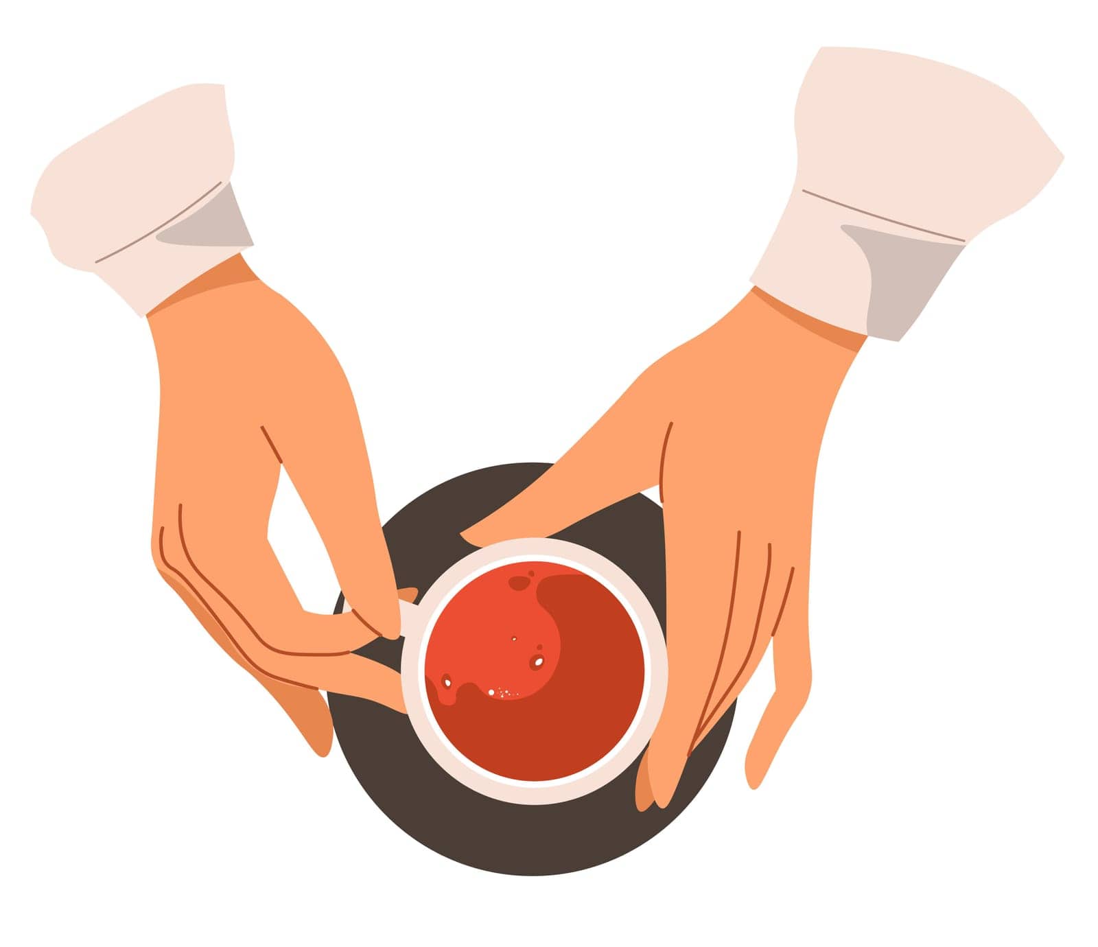 Female hands or arms holding cup of coffee or herbal tea, drinking and enjoying flavour and taste of beverage in cafe or restaurant. Teatime and organic fragrant ingredient. Vector in flat style