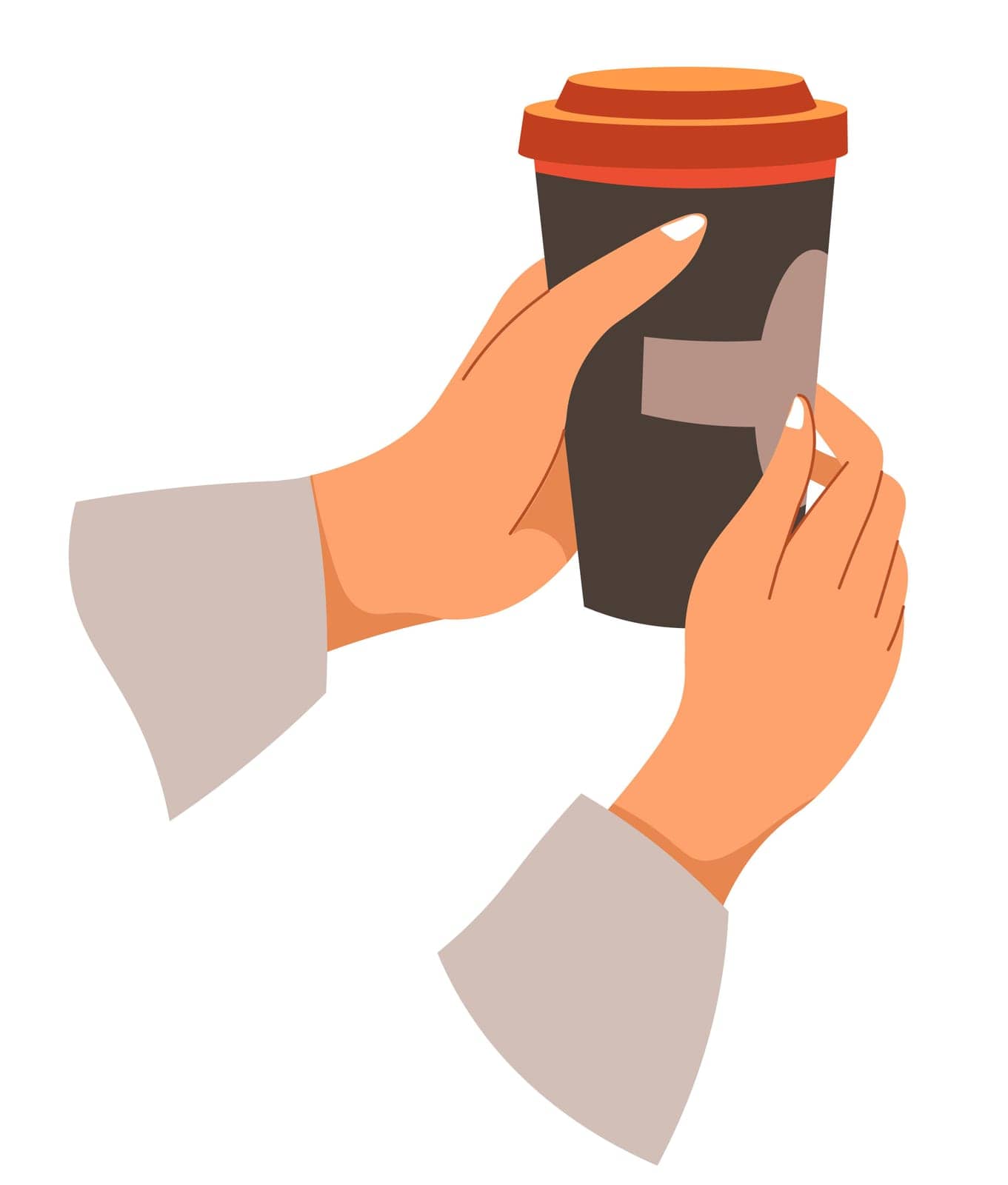Hands holding brewed coffee in plastic or paper cup with lid or seal. Character enjoying drink to go, americano or latter served in cafe. Takeaway order in cafe or restaurant. Vector in flat style
