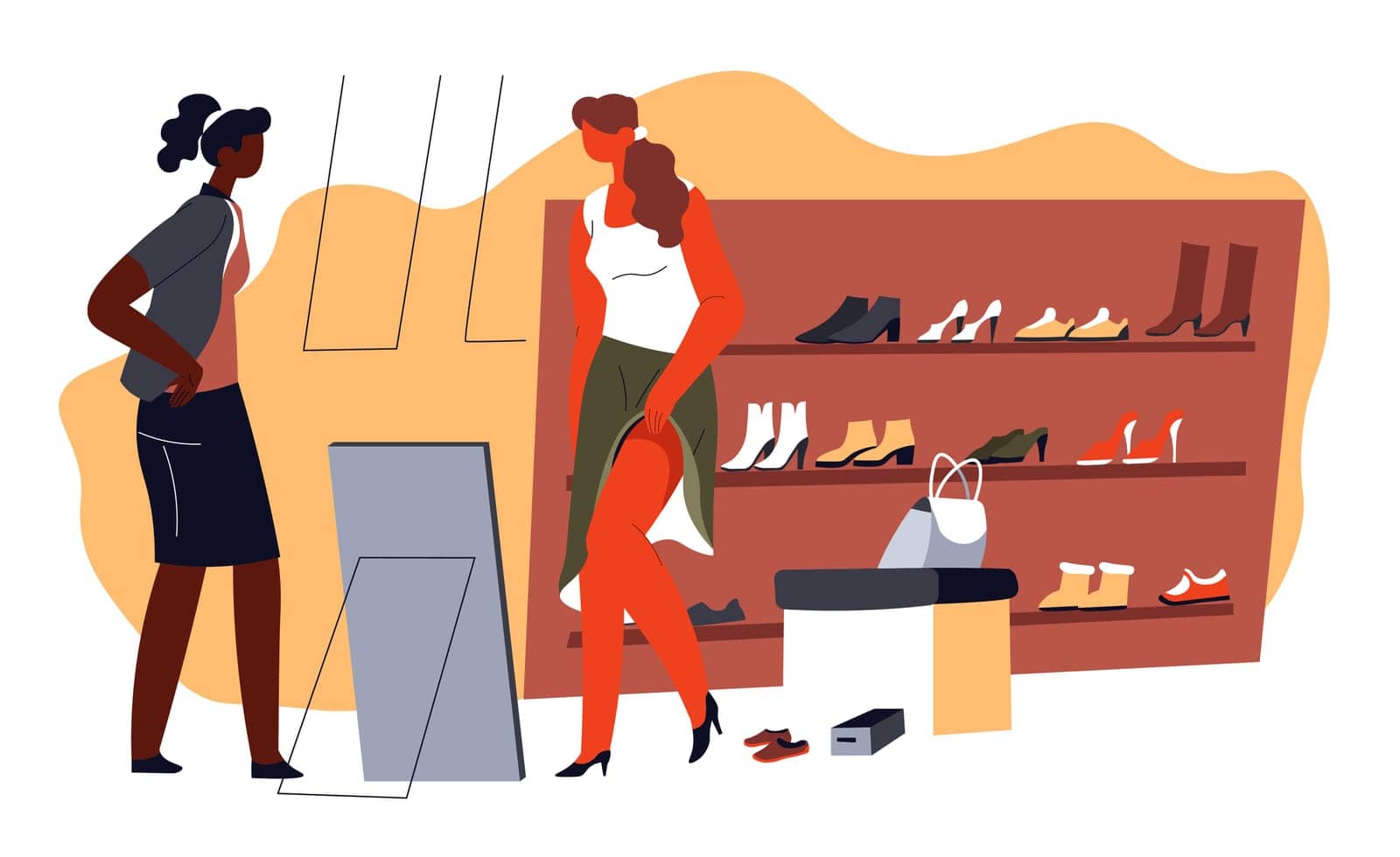 Female character trying on new shoes in shopping mall. Consumer looking for comfortable and attractive clothes and accessories. Boutique for women with discounts and assortment. Vector in flat style