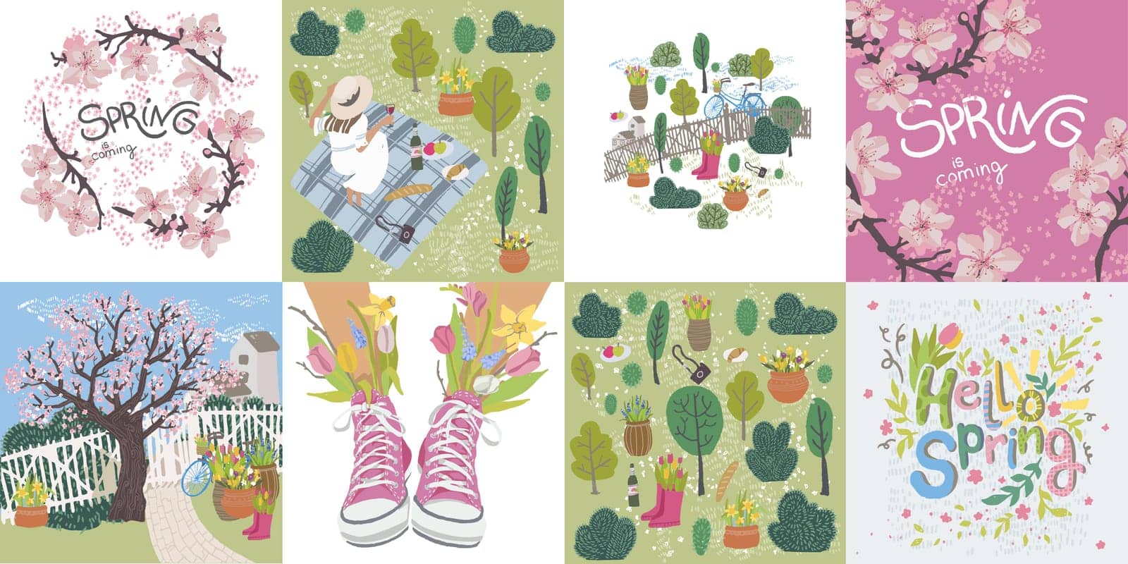 Flourishing of flowers and plants, blossom and blooming of march. Spring season and revival of nature. Yards and gardens with trees and bushes with lush foliage and leafage. Vector in flat style