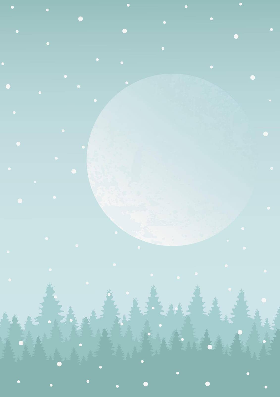 Fantasy moon in winter landscape illustration. Dusk forest and snow drifts. Vector poster