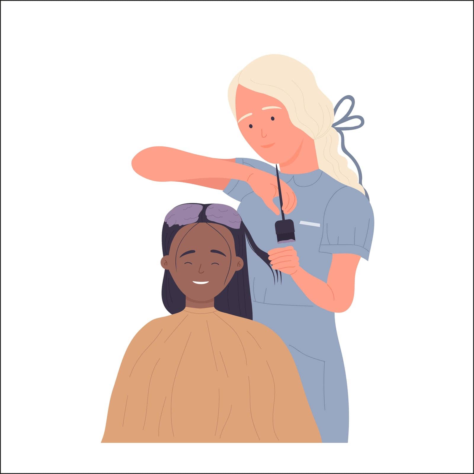Professional hairdresser coloring the client hair. Beauty room with different care treatments service flat vector illustration