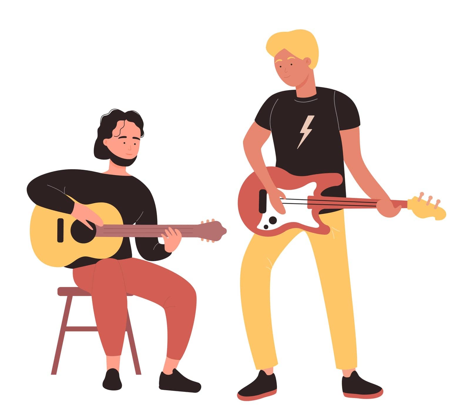 Musical band playing on guitar instrument. Leading guitarists artists strumming personal songs flat vector illustration
