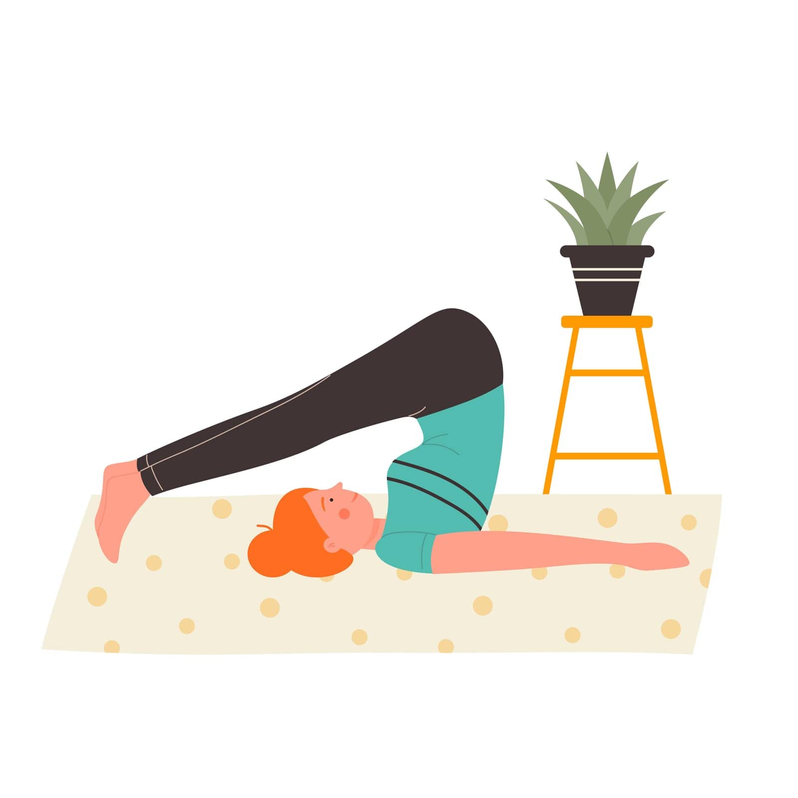 Red haired girl doing fitness training at home. Exercising and stretching practice in cozy room cartoon vector illustration