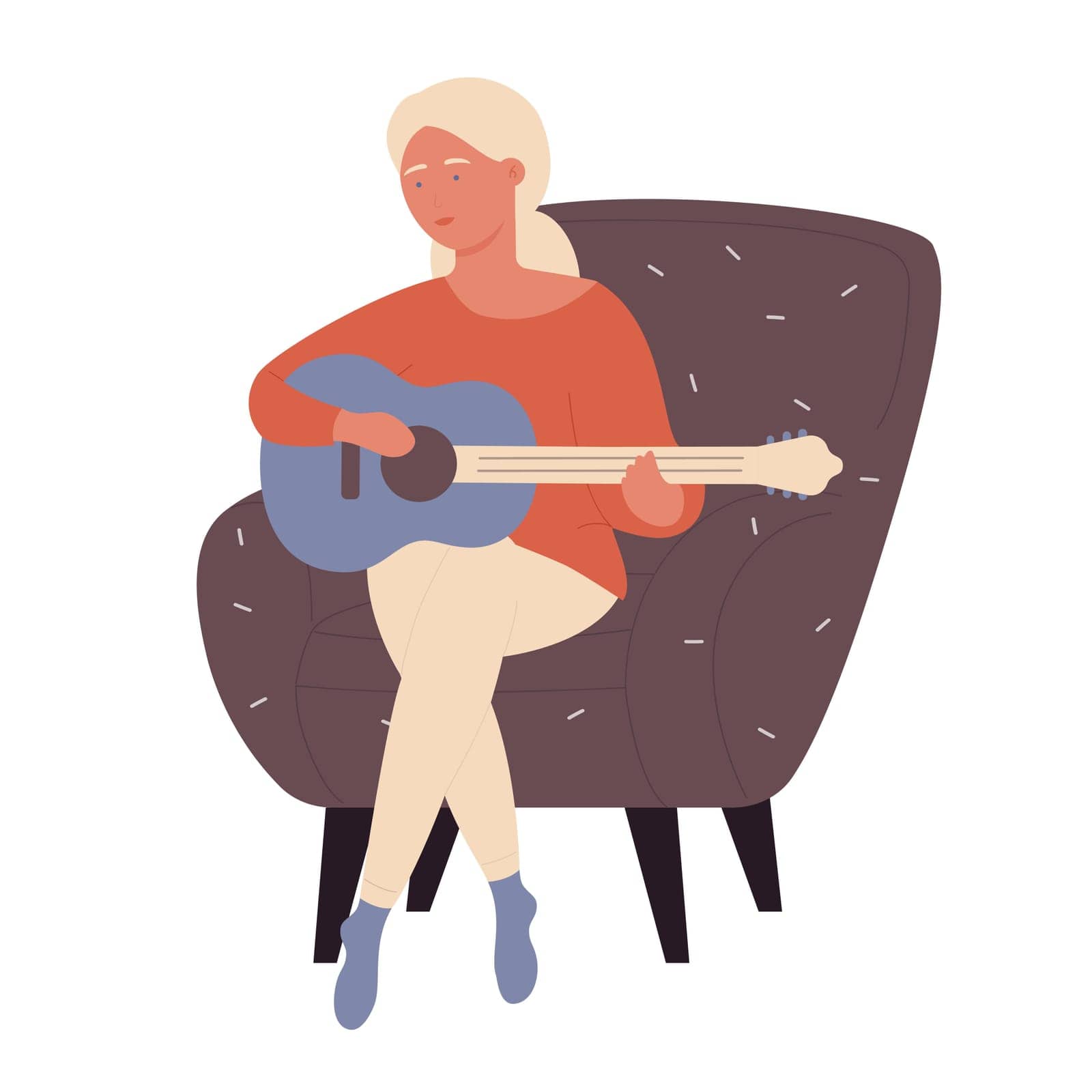 Blonde girl sitting in cozy armchair and playing guitar. Teenager guitarist spending leisure time and practising cartoon vector illustration
