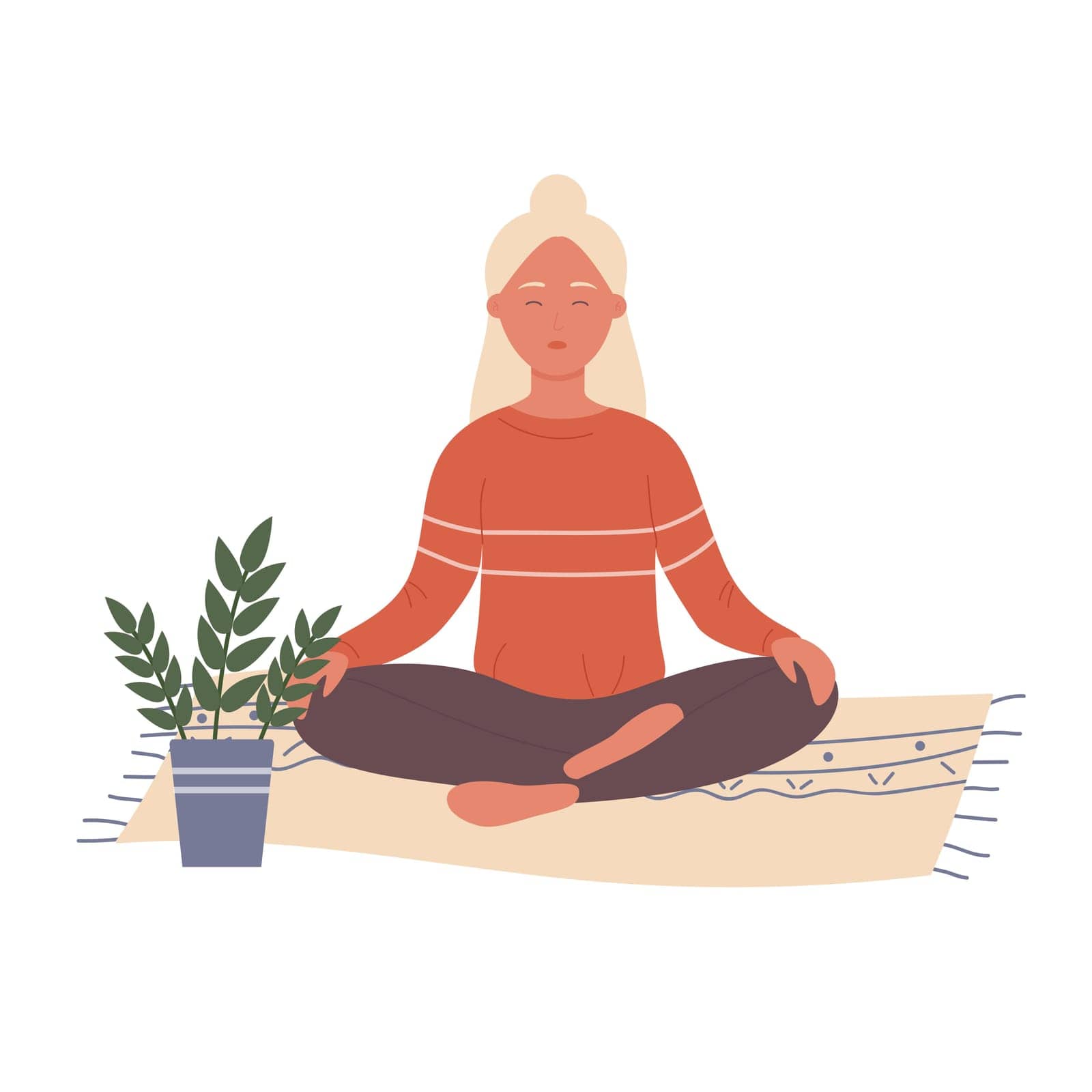 Girl meditating in lotus position at cozy home atmosphere. Practising and exercising yoga sport cartoon vector illustration