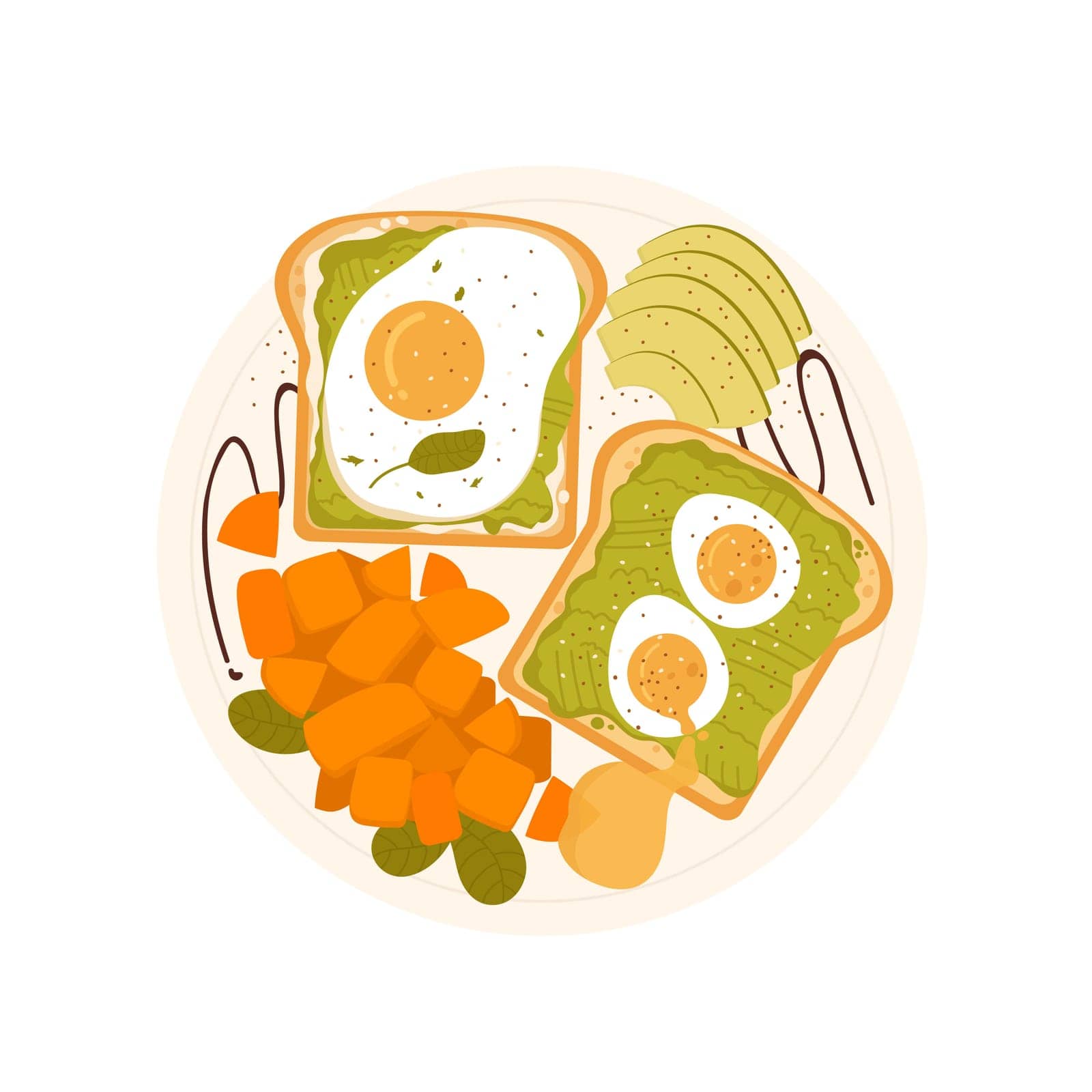 Top view of breakfast toasts with eggs. Morning dish avocado sandwiches isolated illustration
