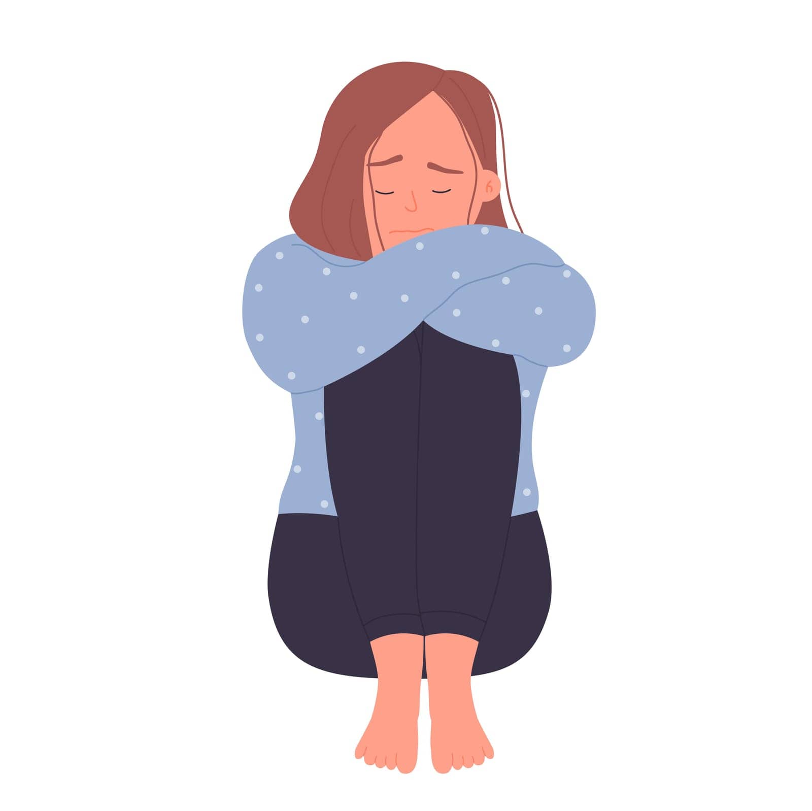 Lonely depressed young woman. Suffering girl, sadness and anxiety feeling vector illustration
