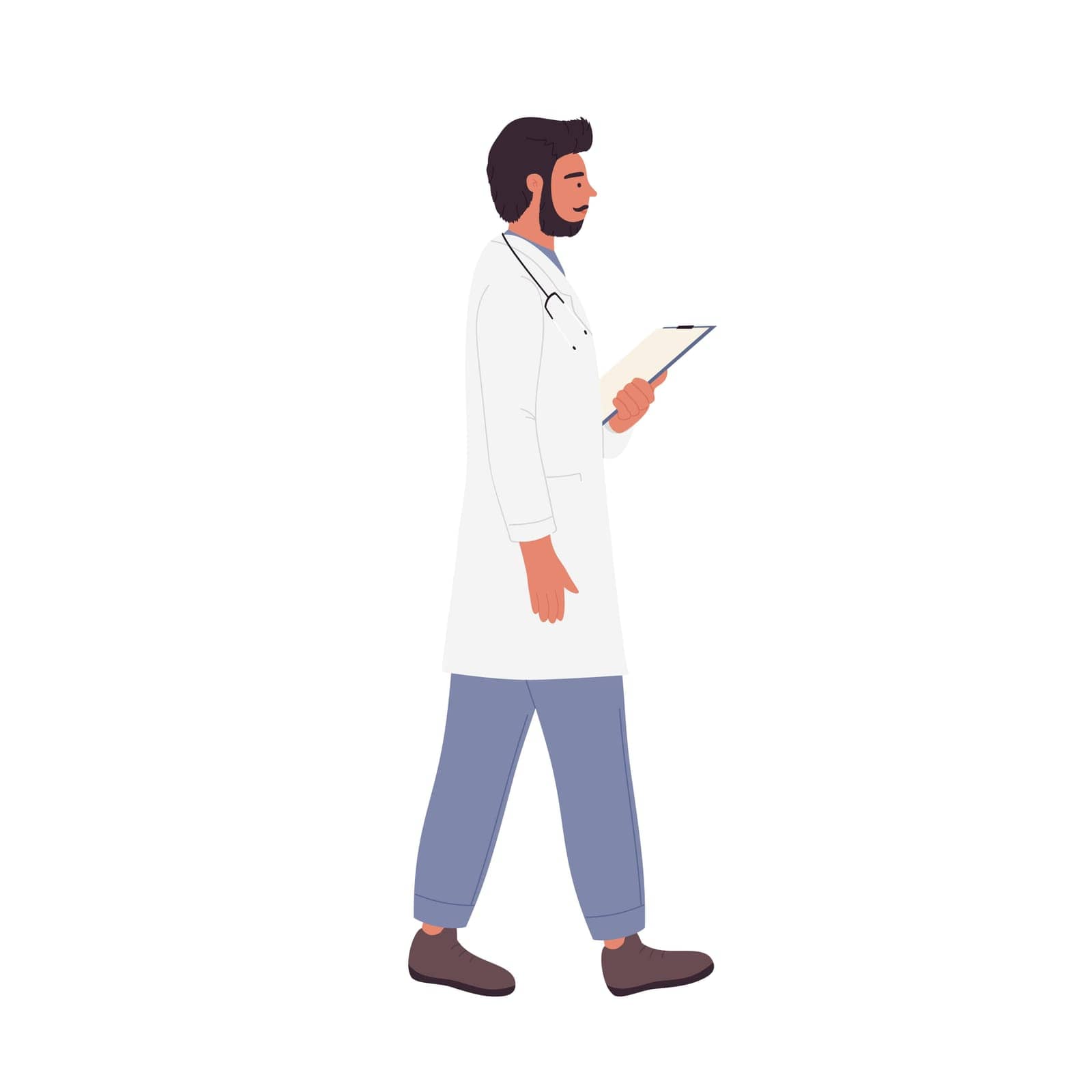 Walking male doctor in uniform. Hospital worker, medical care and help vector illustration