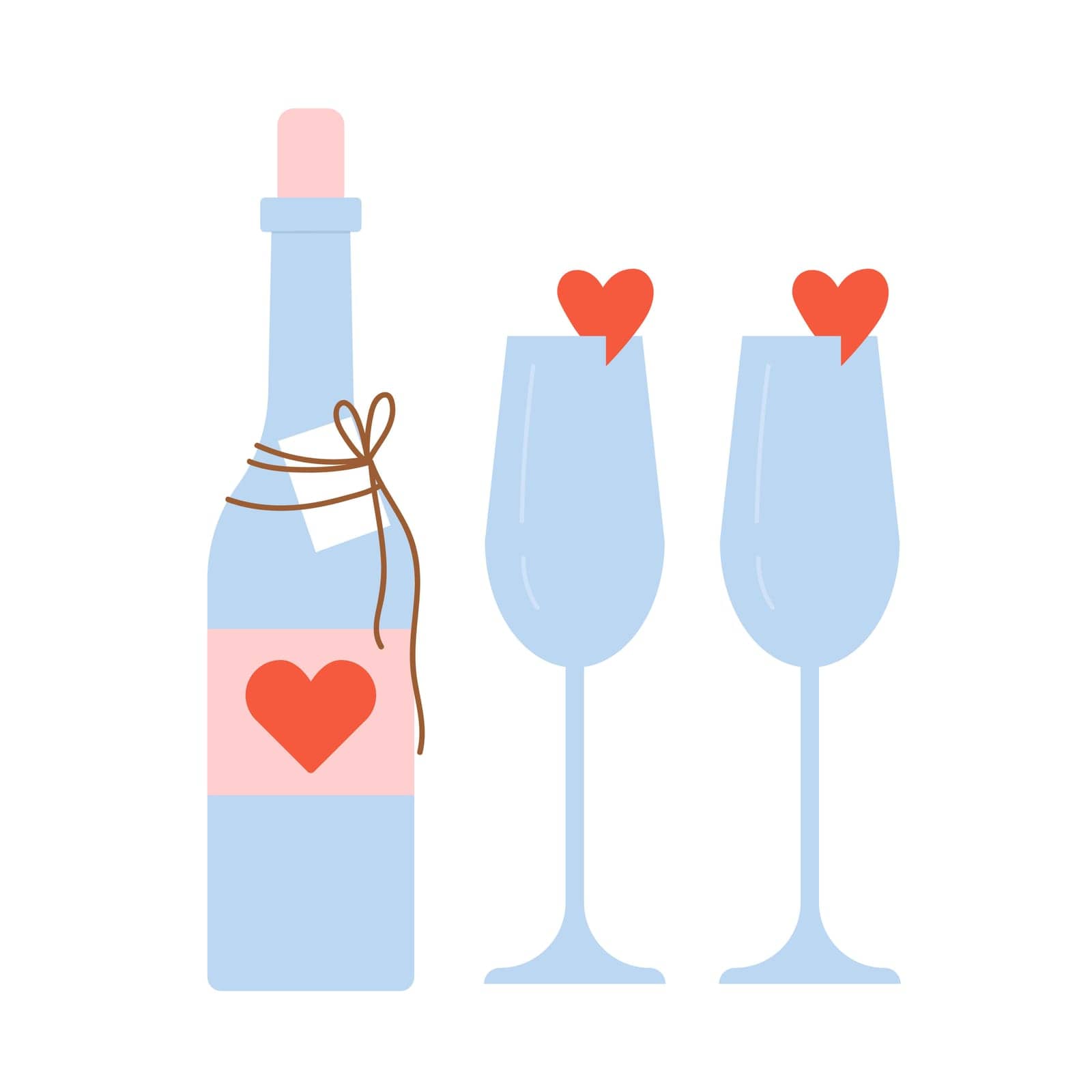 Celebrating love with champagne. Valentine day glasses beverage, romantic date vector illustration
