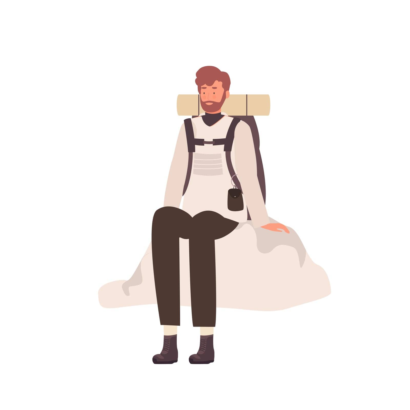 Male tourist having a rest. Hiking man taking a break, explorer with backpack vector illustration