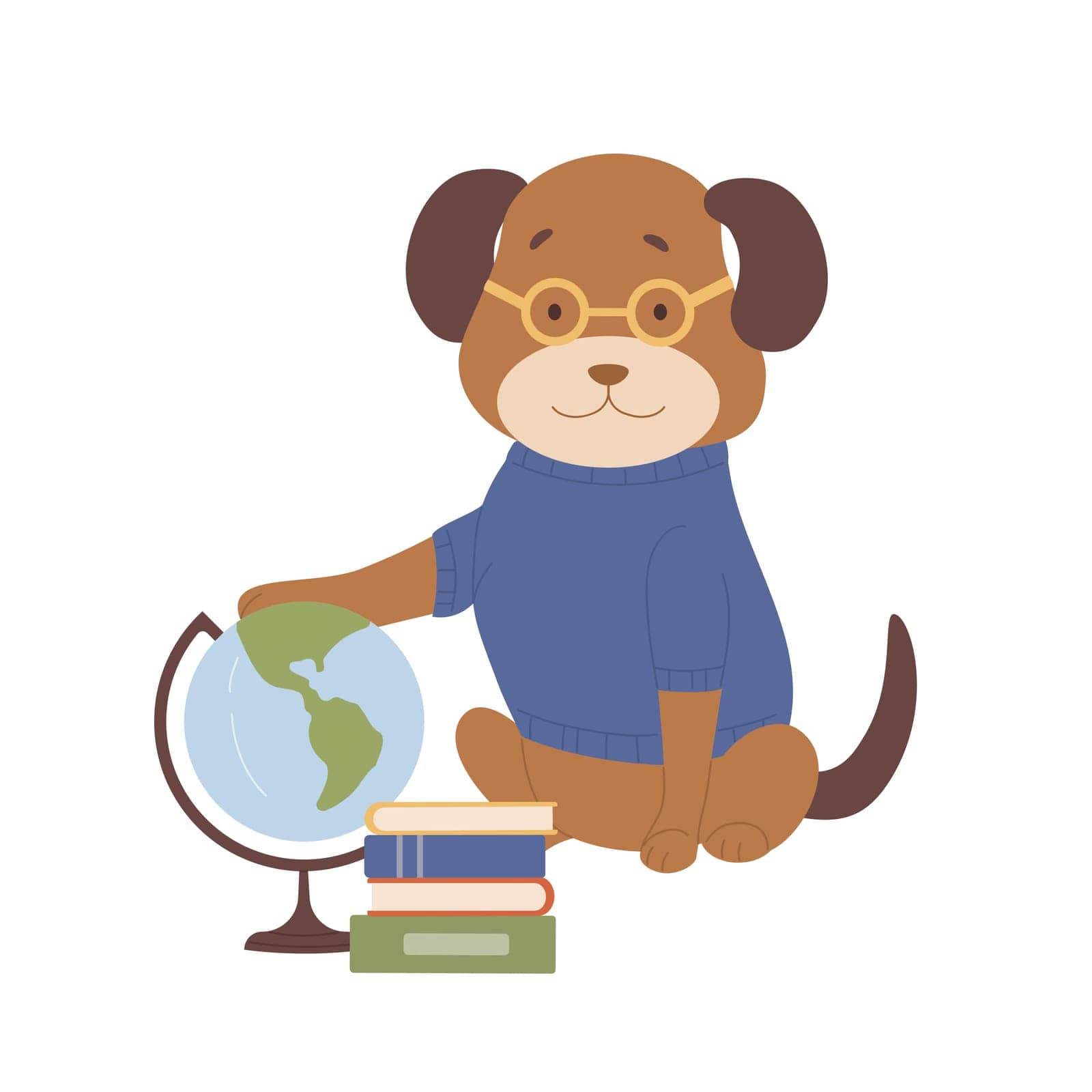 Cute dog with glasses with geography globe. Wise student puppy near stack of books cartoon vector illustration