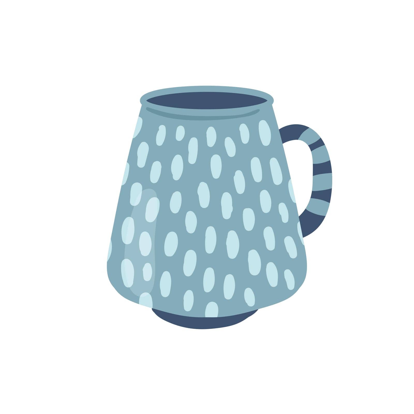 Spotted vintage coffee mug. Breakfast tea ceremony, hot beverage cup vector illustration