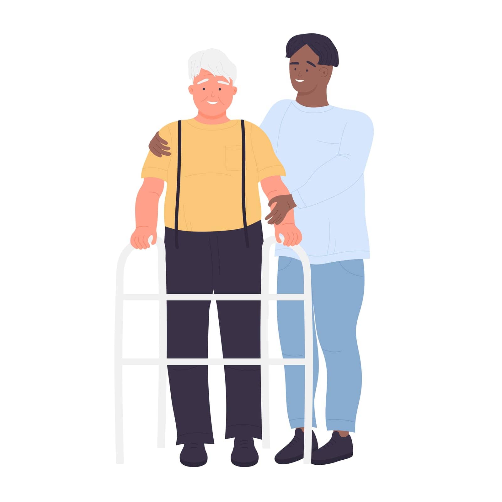 Elderly healthcare and assistance. Caregiving volunteers, seniors help vector illustration