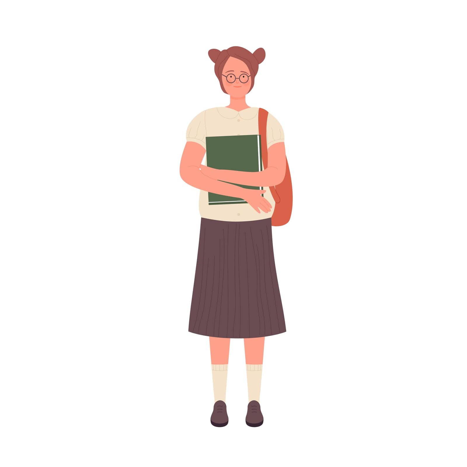 Nerd girl holding study material. Geek female student with school book vector illustration