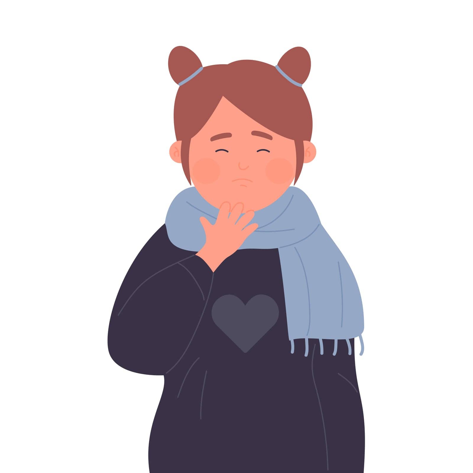 Sick girl suffering from sore throat. Flu symptoms, kid feeling bad vector illustration