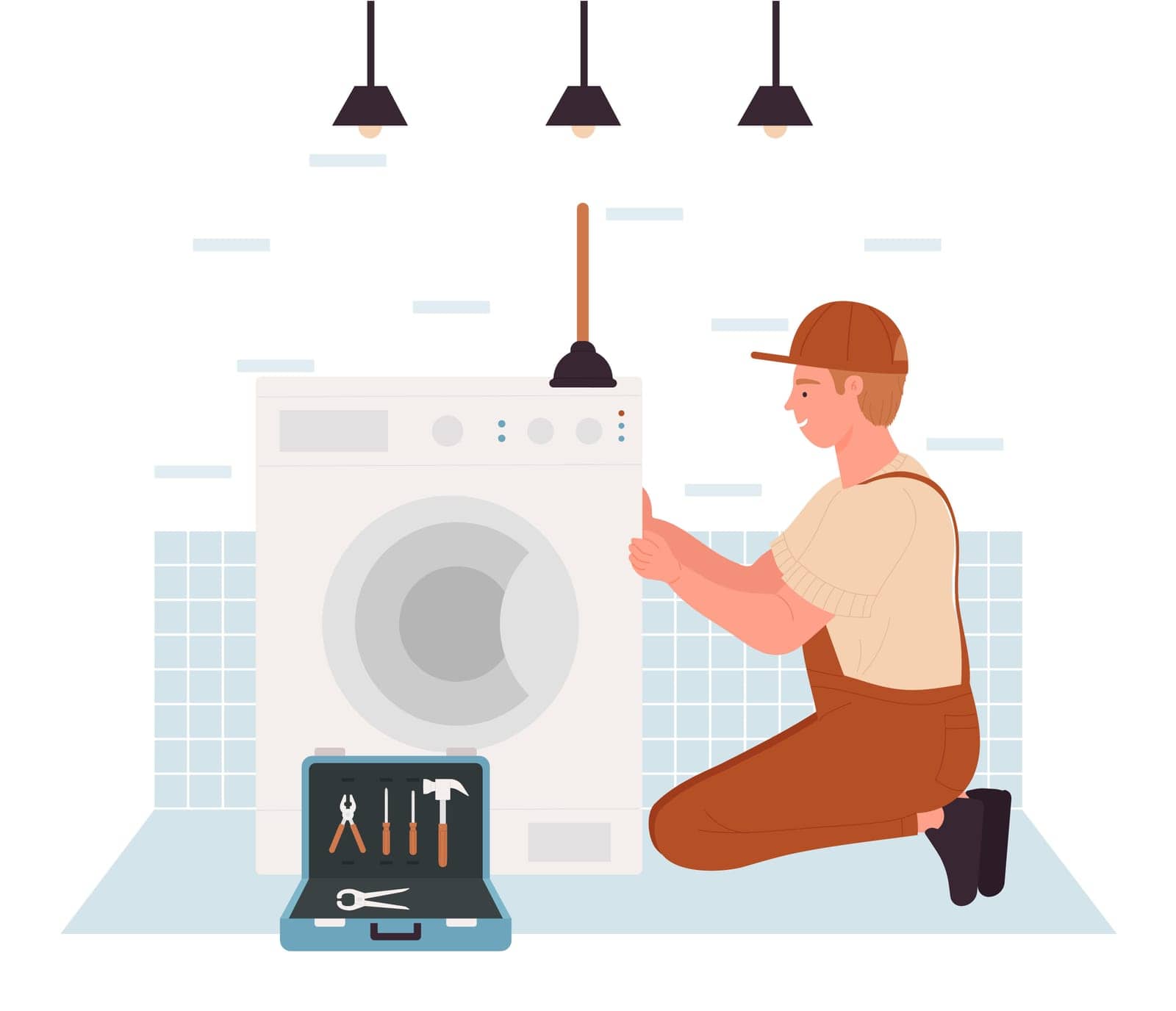 Repairman fixing washing machine. Plumber service, renovation workman vector illustration
