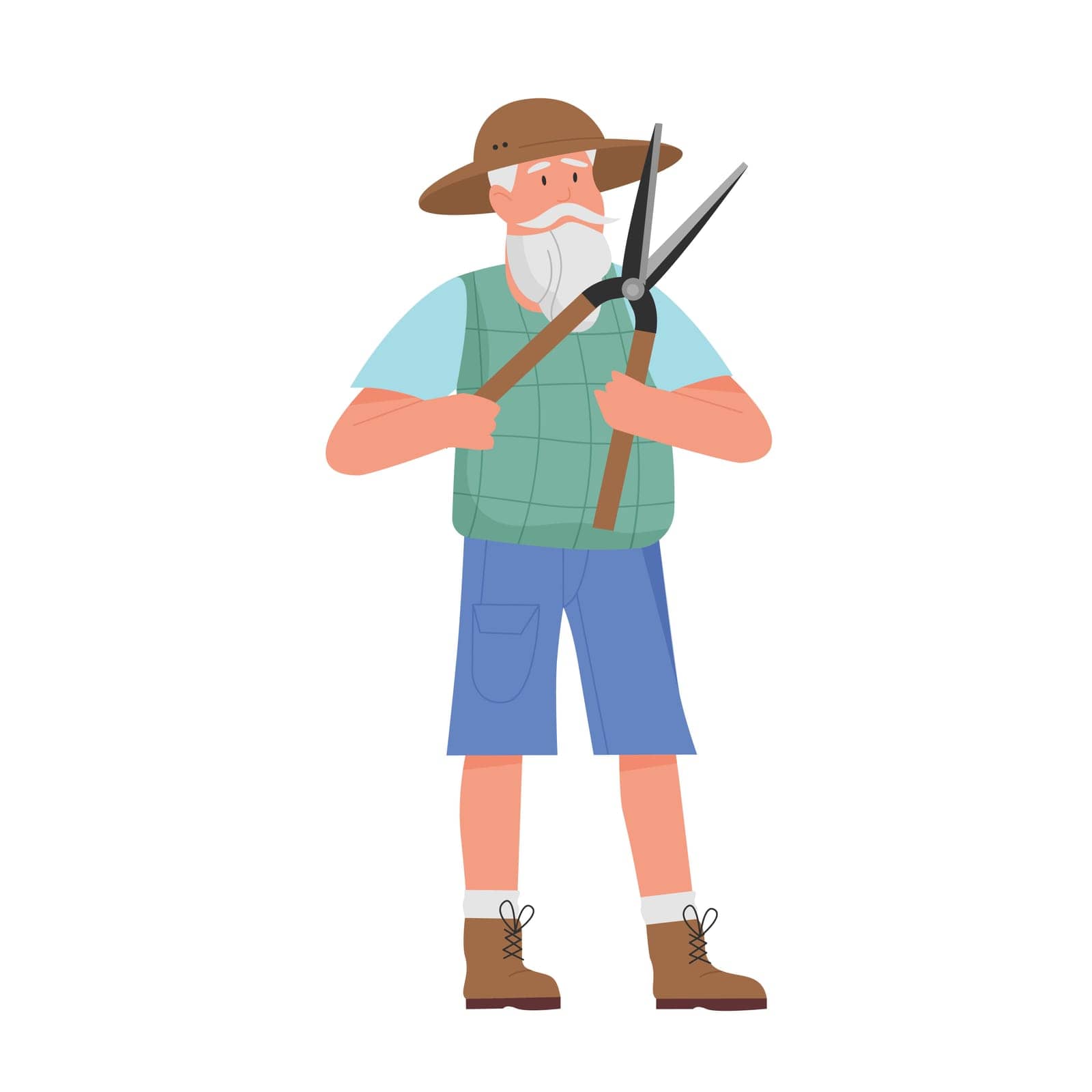 Gardener man with scissors. Farmer with garden instrument, farming activity vector illustration