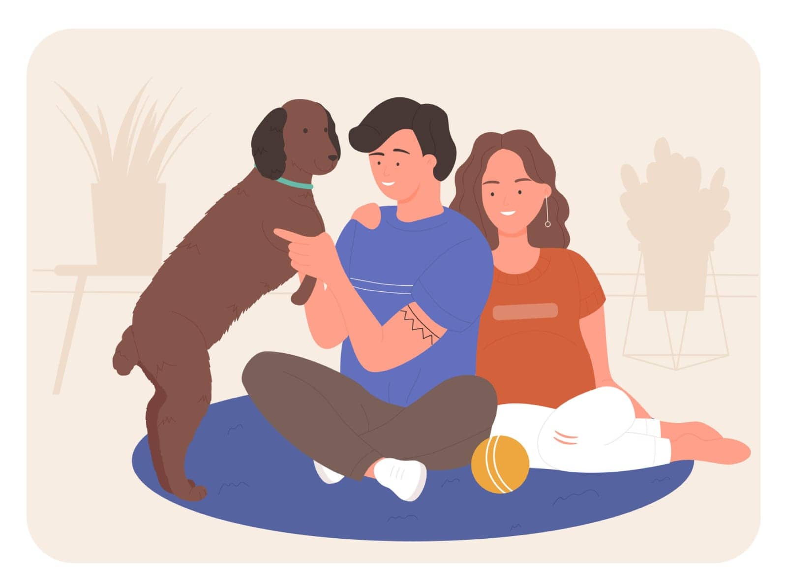 Happy couple with pet dog. Family adorable friend, playful doggy vector illustration