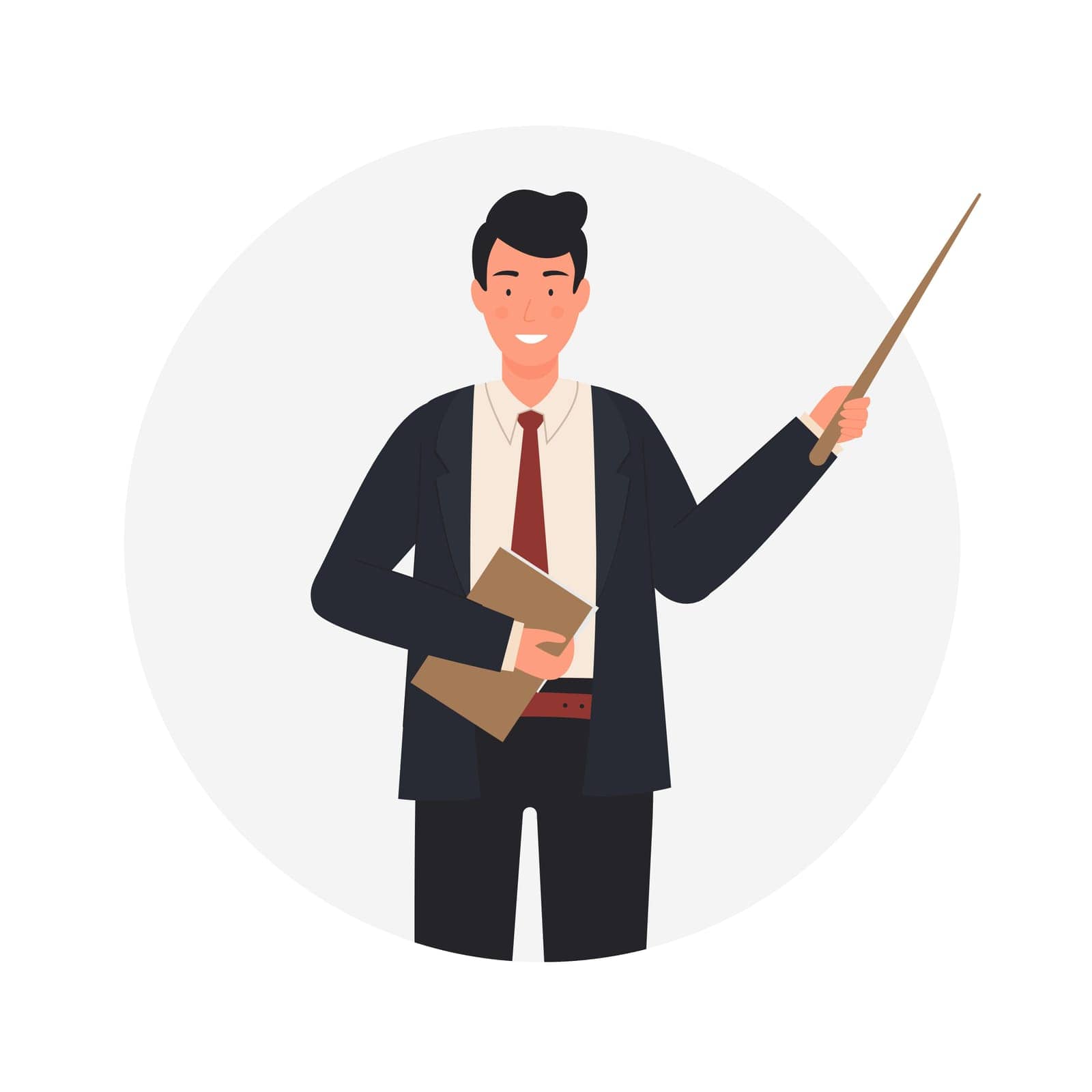 Teacher man with pointing stick. School lecturer holds book vector illustration