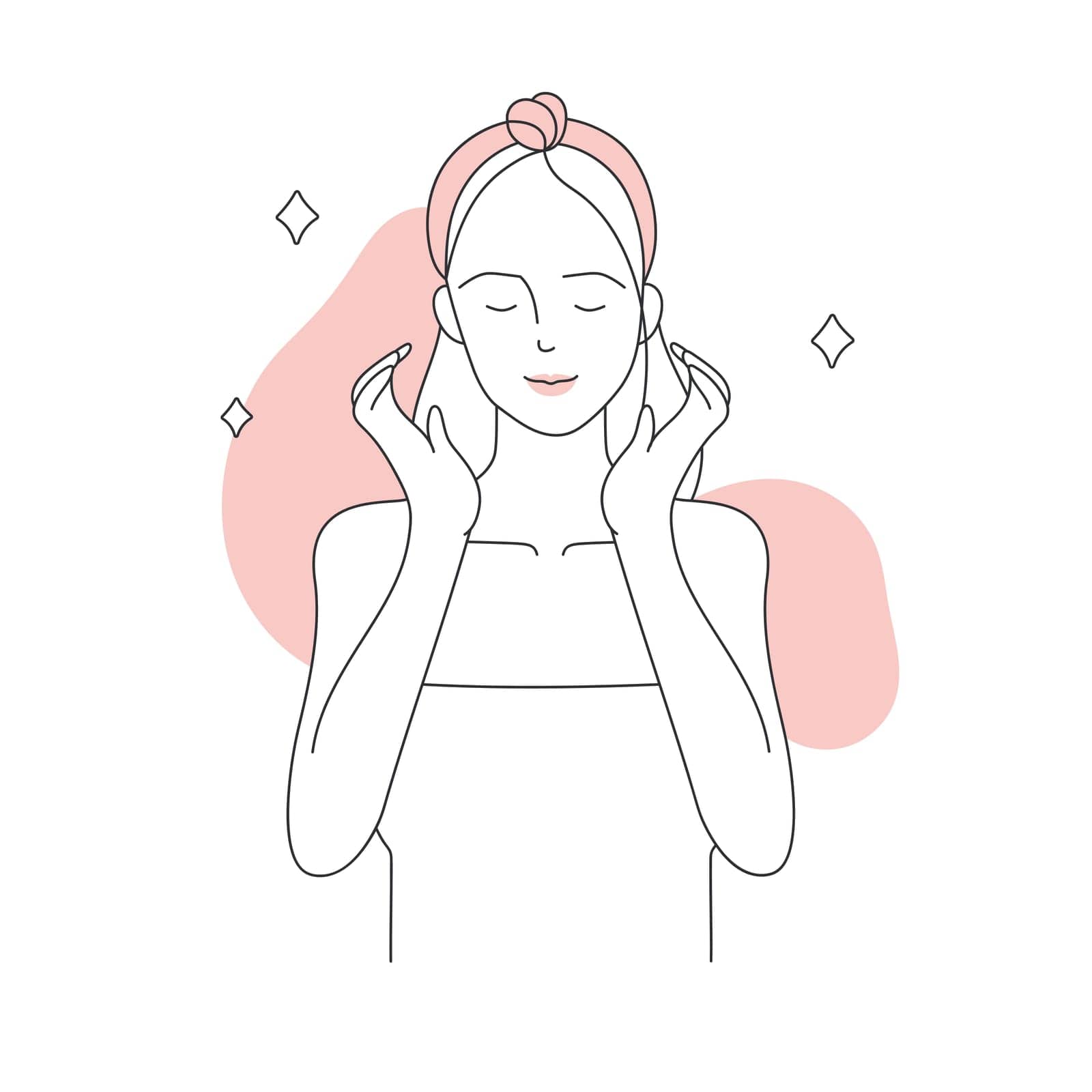 Girl with clear glowing face skin. Face anti acne treatment, daily care routine vector illustration