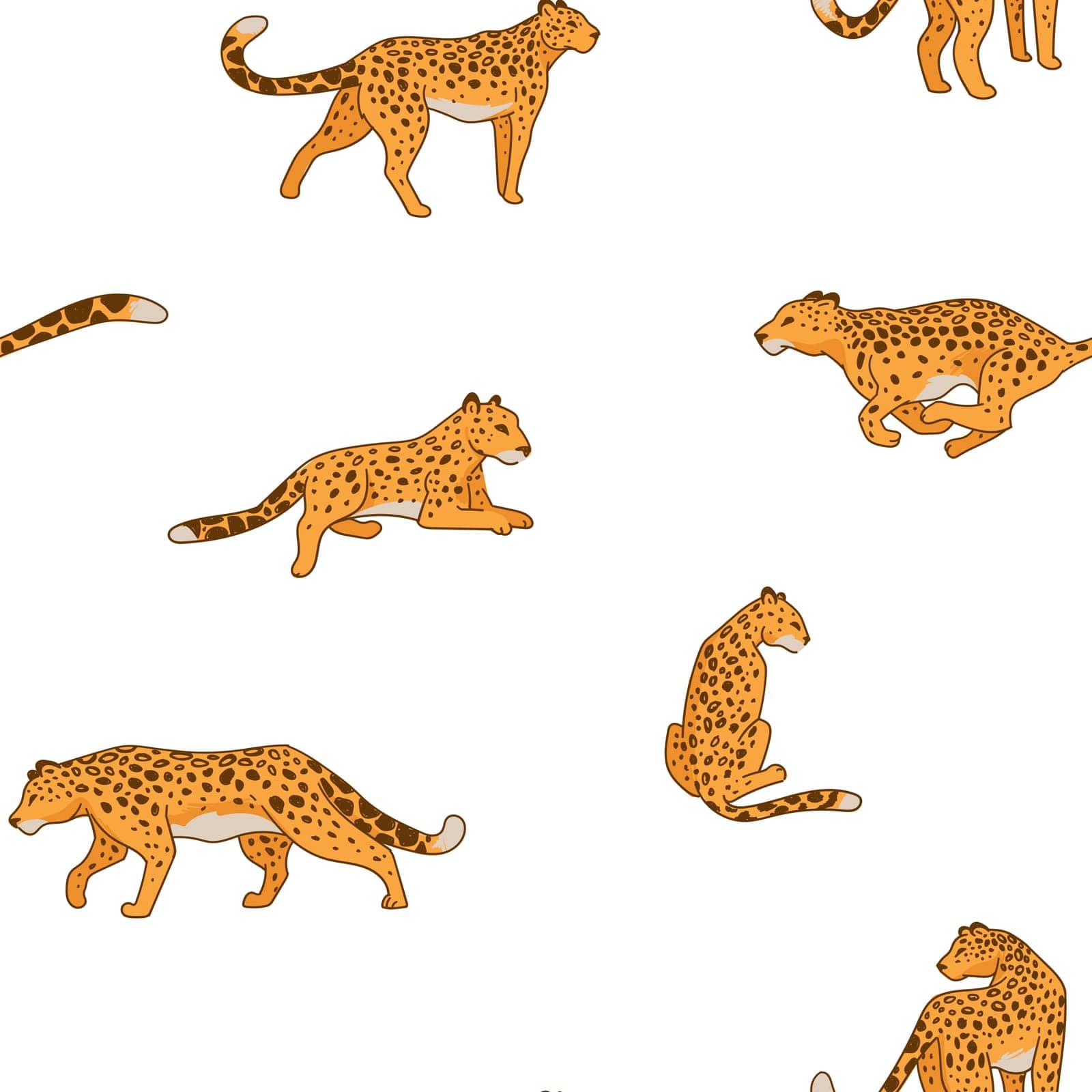 Leopard or cheetah animal running and laying, motion and calmness of mammal. Seamless pattern of predator, spotted predator, wilderness and hunting and resting feline cat. Vector in flat style
