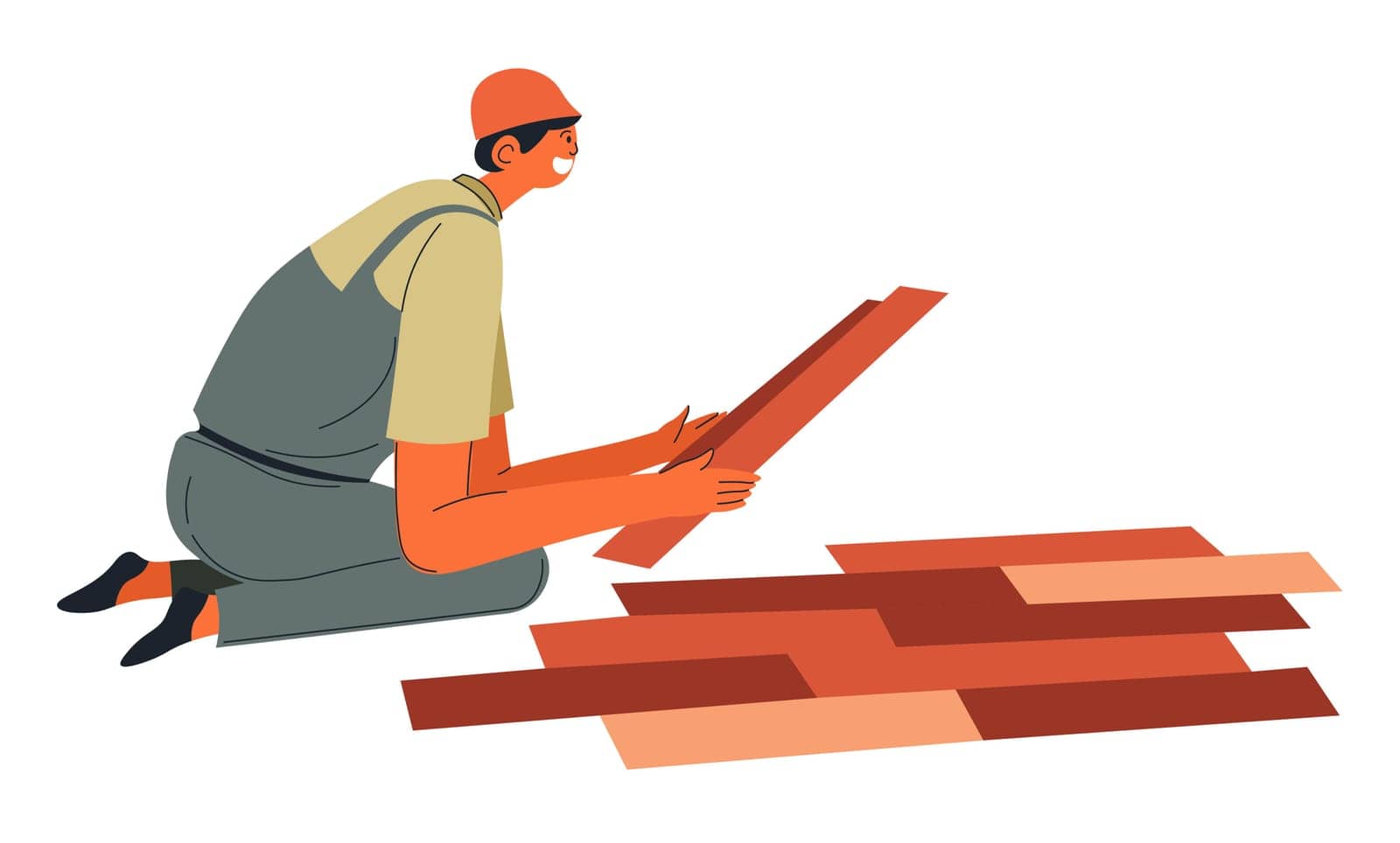 Male character working on renovation of floor parquet laying wooden planks. Contractor or handyman with instruments personage wearing hard hat. Installation and maintenance. Vector in flat style