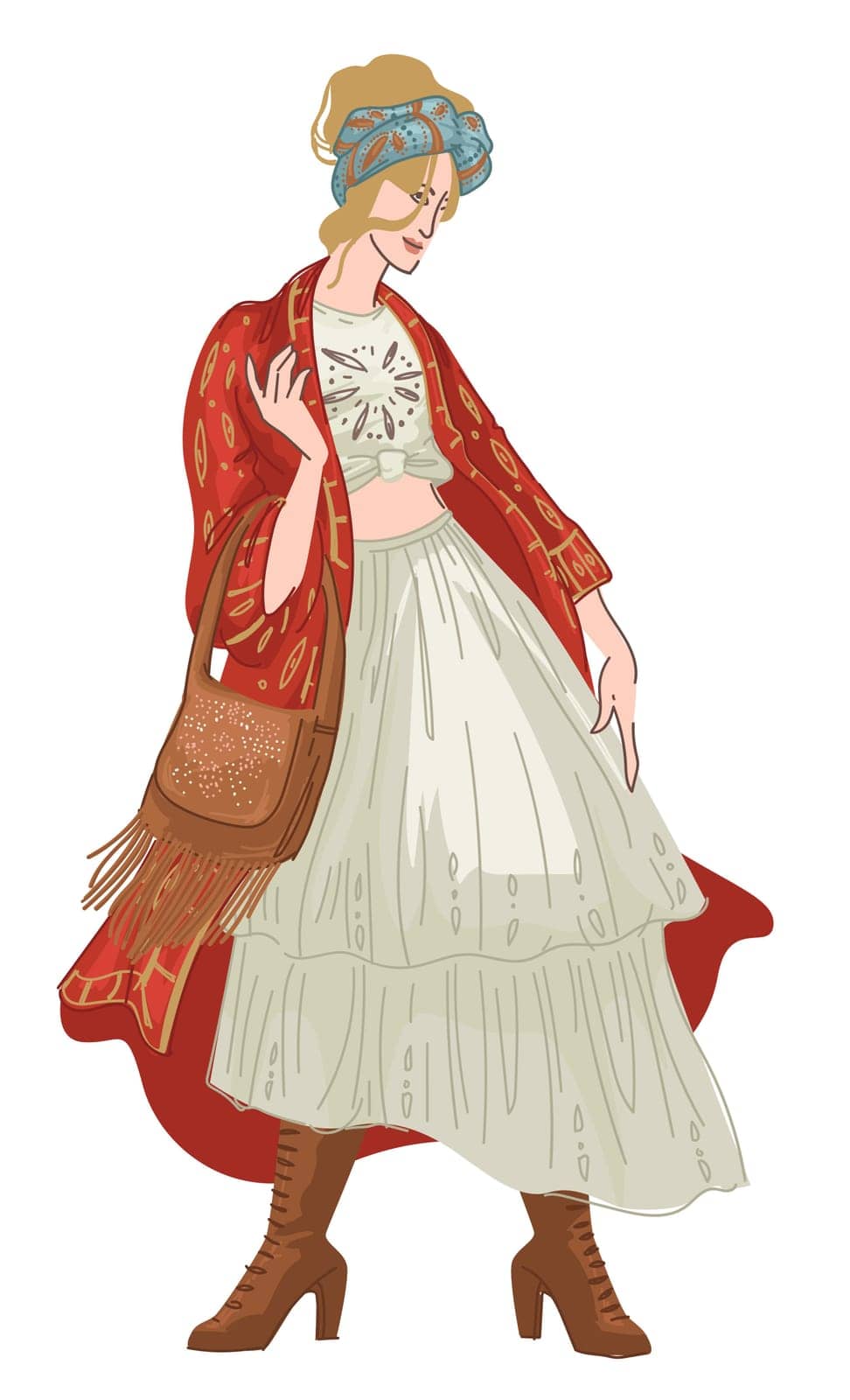 Female character wearing bohemian or hippie clothes, isolated woman in long skirt, shirt and fringe bag. Romantic apparel of girl, vintage fashionable and stylish look of lady. Vector in flat style