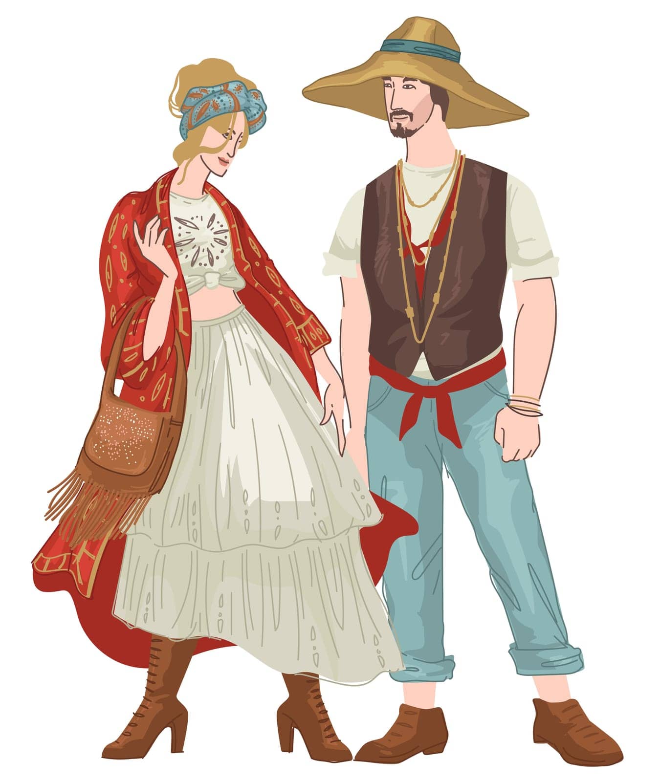 Man and woman wearing bohemian clothes, stylish characters in shirts and oversized clothing. Boho fashion and trends for males and females. Summertime seasonal outerwear. Vector in flat style