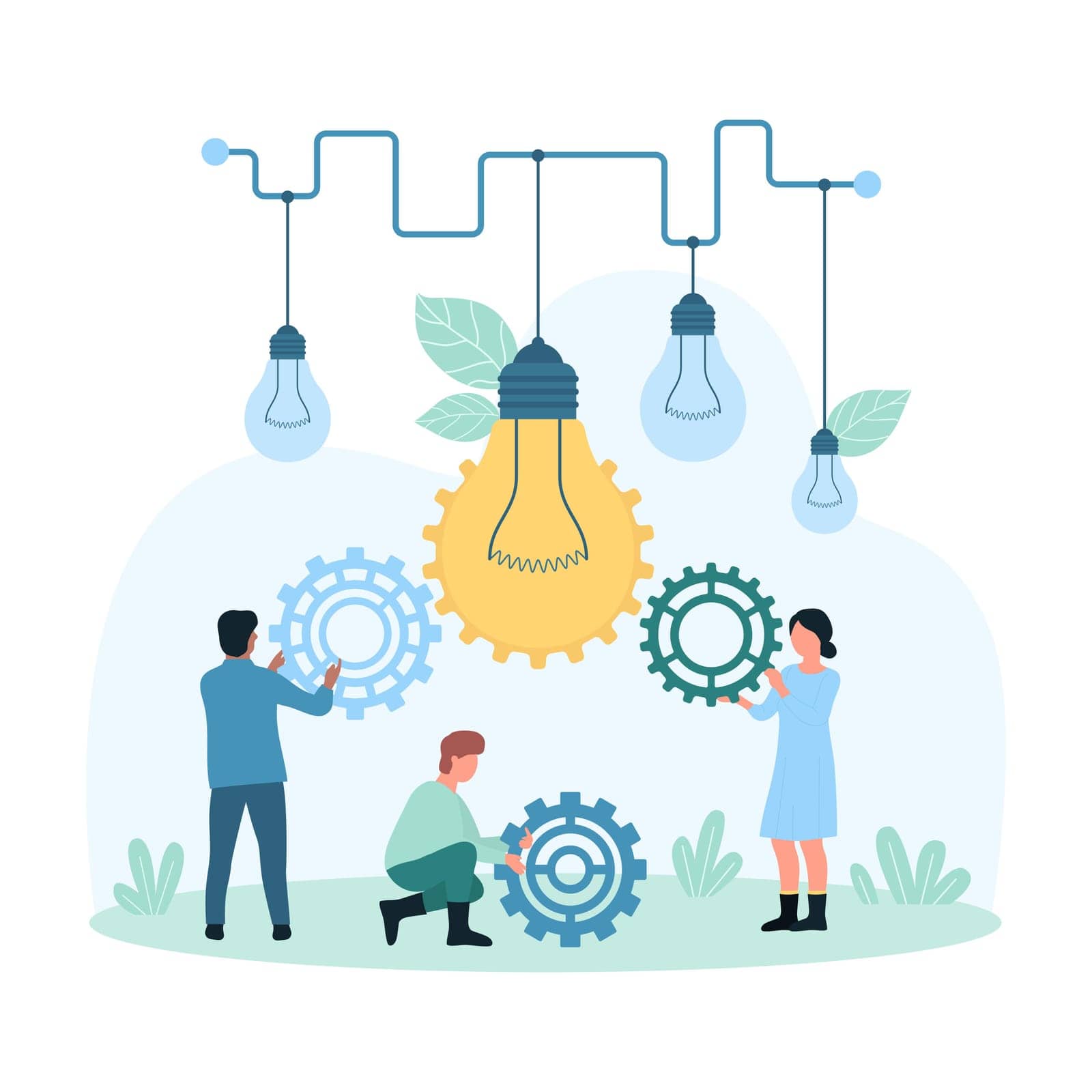Creative business idea, implementation of innovation vector illustration. Cartoon tiny people develop configuration of gearwheels and customize settings of gear and light bulb, implement invention