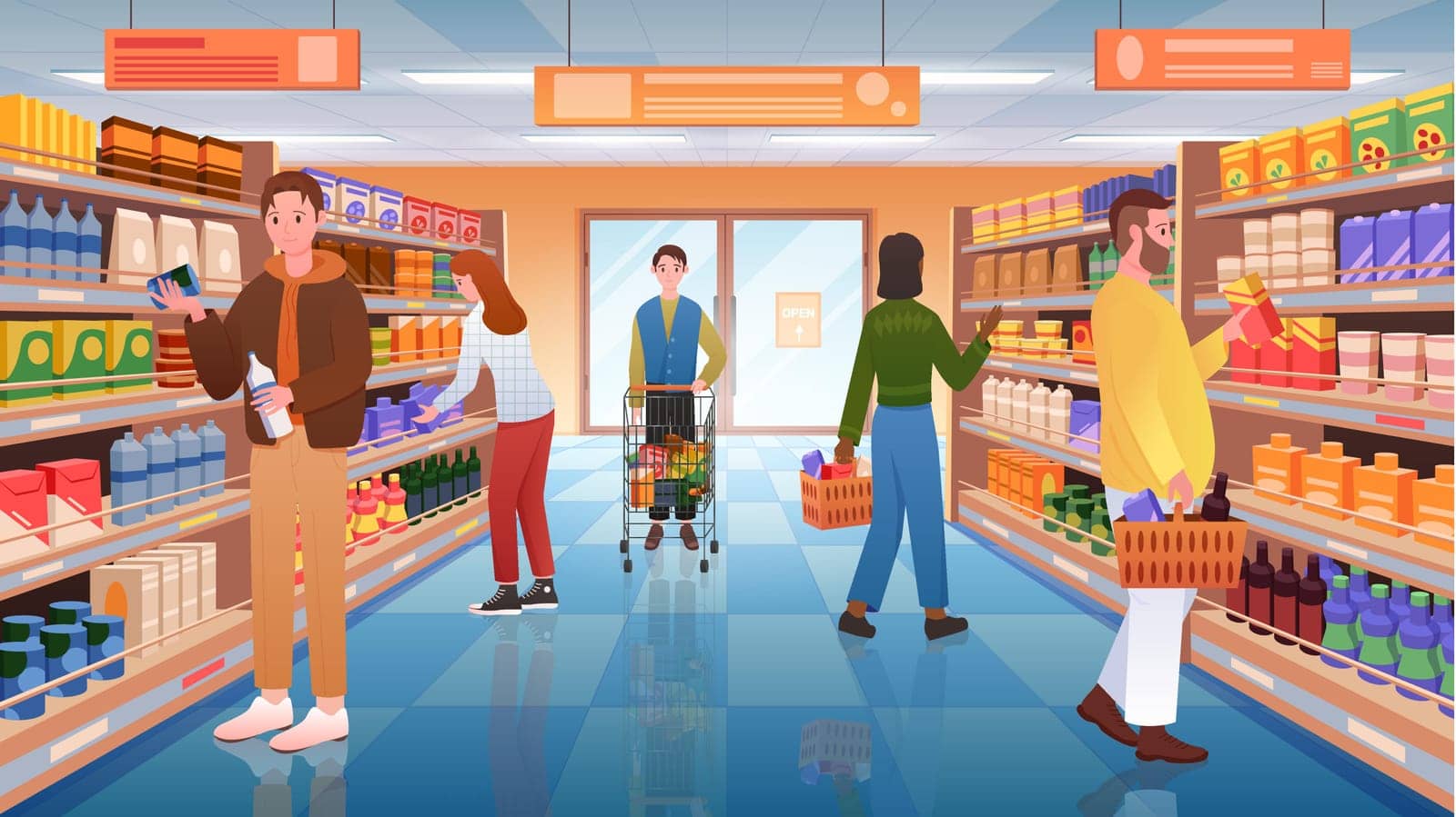 People in aisle of supermarket or grocery store vector illustration. Cartoon man and woman consumers with trolley and baskets standing at shelves to choose food products, buyers characters read labels