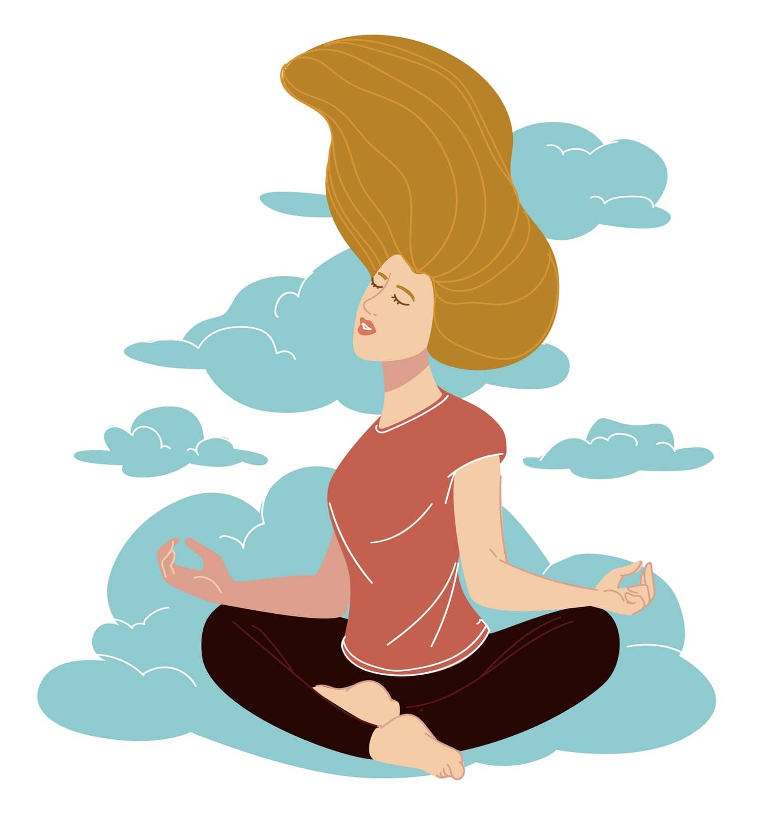 Female character meditating and practicing yoga asanas. Woman sitting on cloud, clarity of mind and concentration, wellness and wellbeing of girl. Sporty personage and sky. Vector in flat style