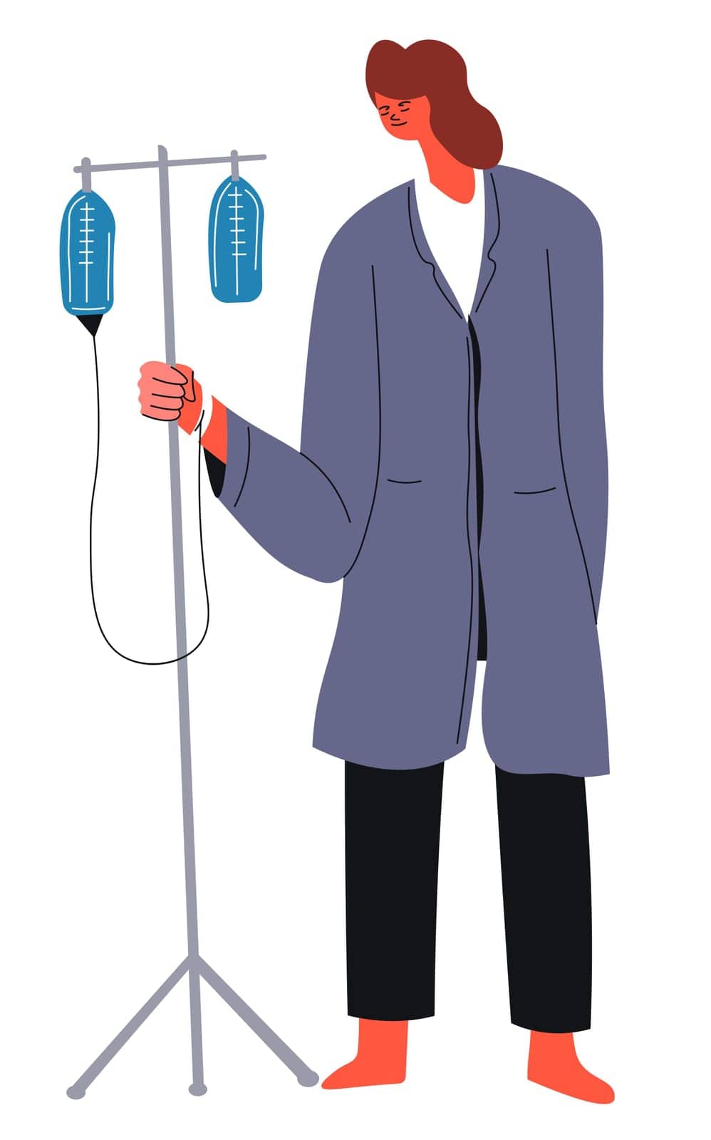 Disability and problems with health and accessibility. Weak or ill female character with dropper in hands, walking and moving. Treatment in hospital or clinic, medical help. Vector in flat style