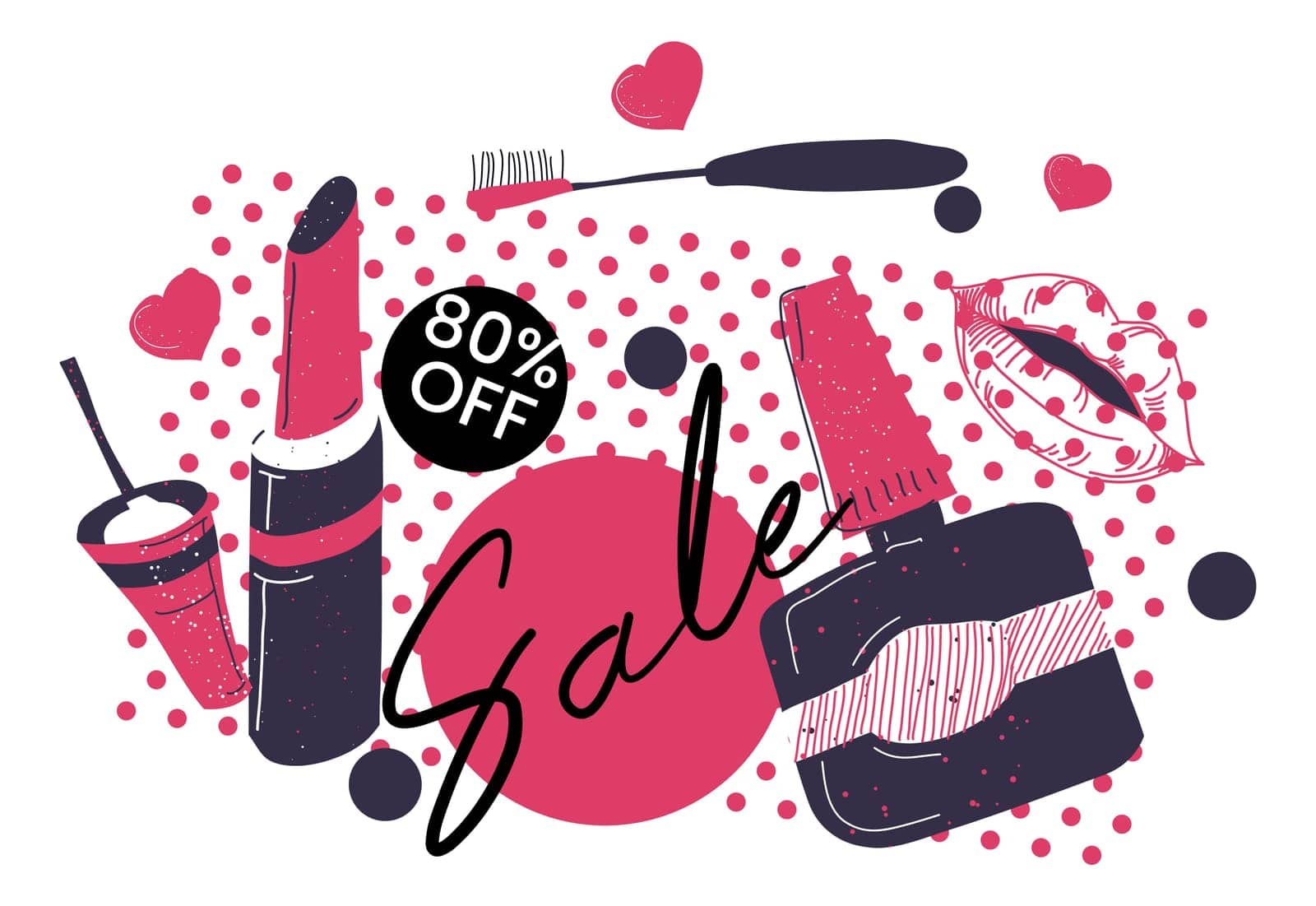 Cosmetic products and beauty, promotional banner with sale up to 80 percent off. Glossy lipstick, nail polishing or gel, brushes and skincare. Discounts and clearance shop. Vector in flat style