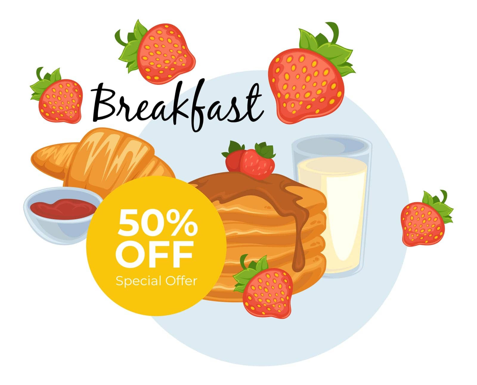 Pancakes with chocolate topping and fresh strawberries, croissant and cup of milk. Breakfast in bistro, 50 percent off price on meal. Promotional banner, menu of cafe or restaurant. Vector in flat