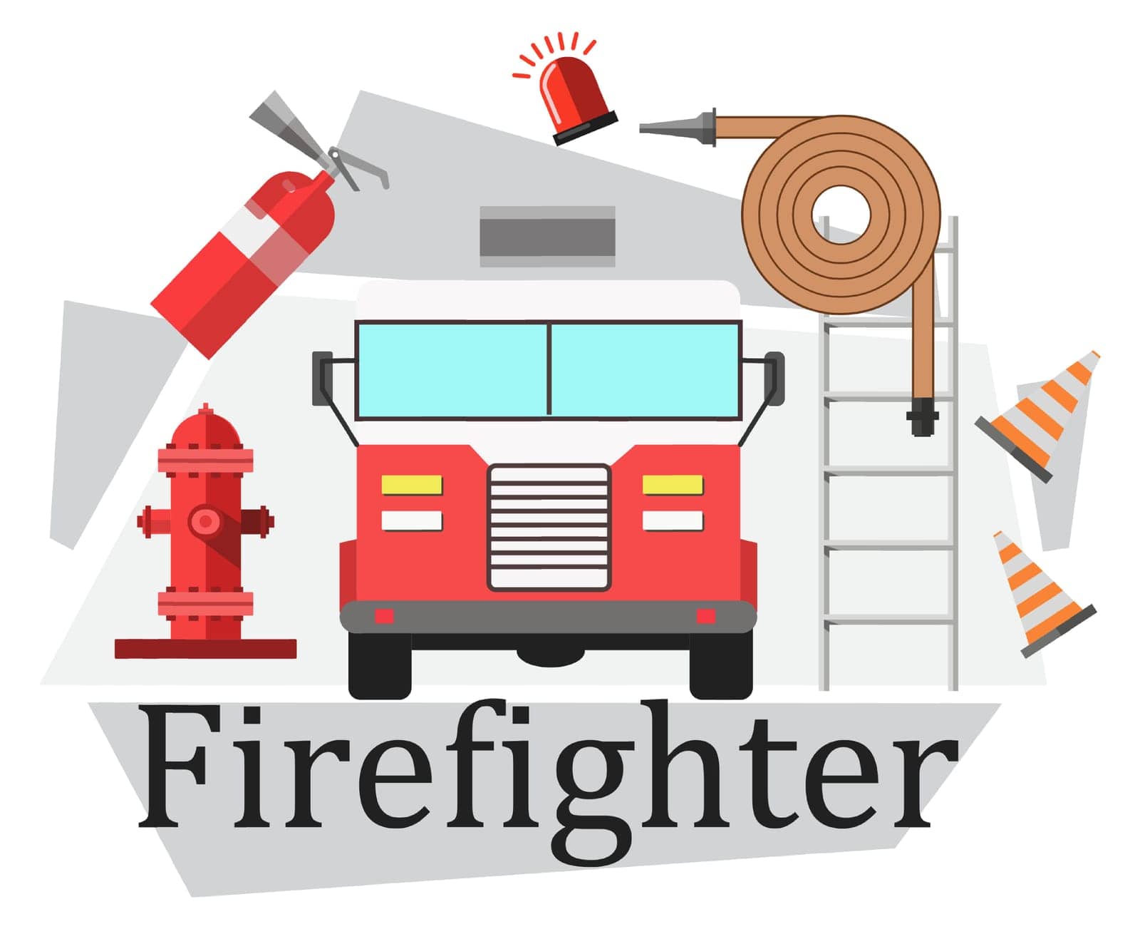 Emergency and firefighting brigade equipment and instruments for extinguishing fire. Hydrant and truck with ladder, hose and plastic cone, alarm with lights. Vector in flat style illustration