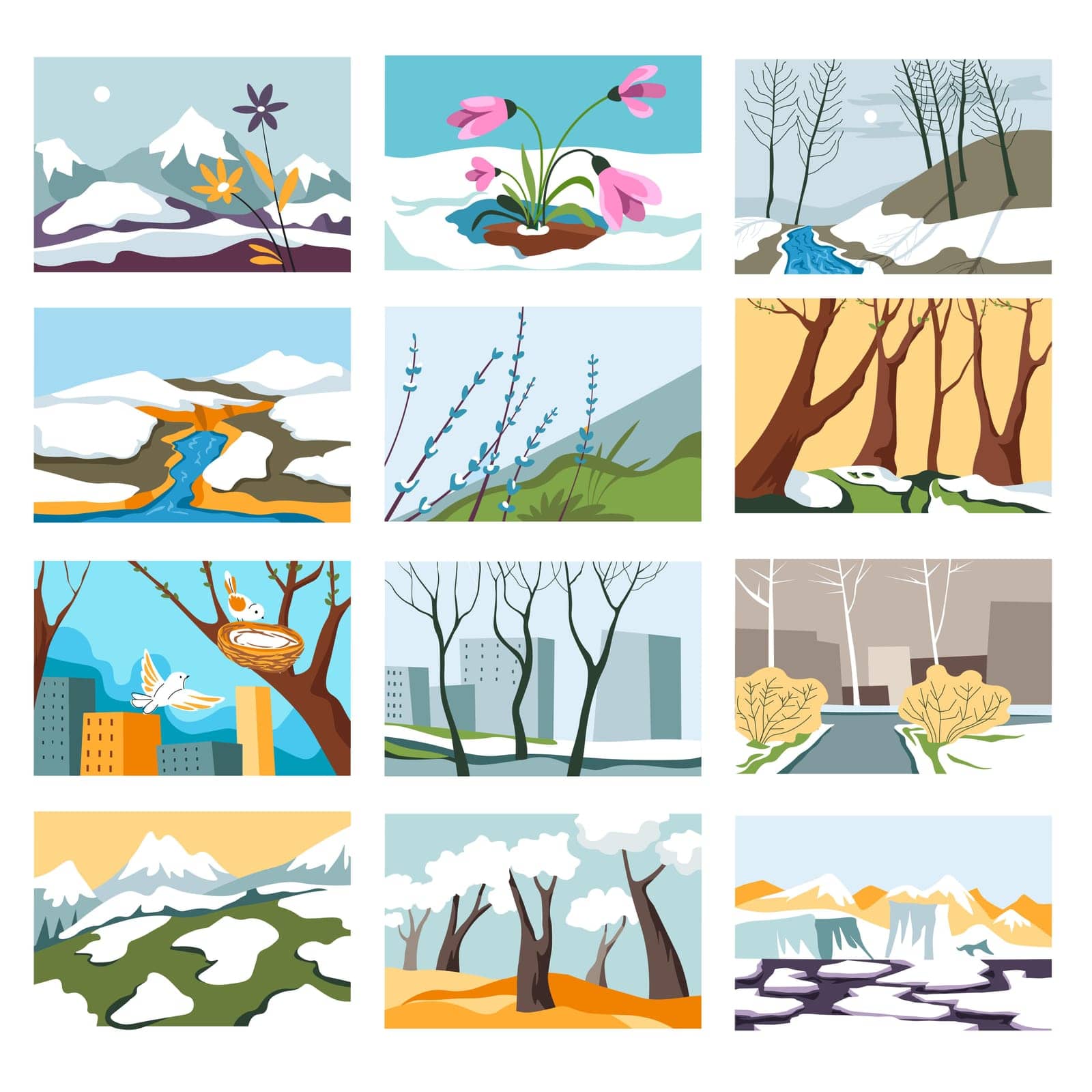 Melting snow and blooming flora, spring awakening and revival of nature. Scenery of landscapes and cityscapes. Crocus and forest with rivers and ice. Nesting birds in city. Vector in flat style