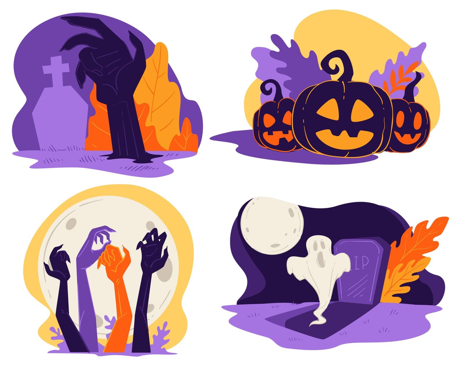 Autumn holiday celebration, halloween in fall season. Graveyard with zombie hand, rising from dead. Spooky ghost by tombstone under full moon, carved pumpkins with light inside. Vector in flat styles