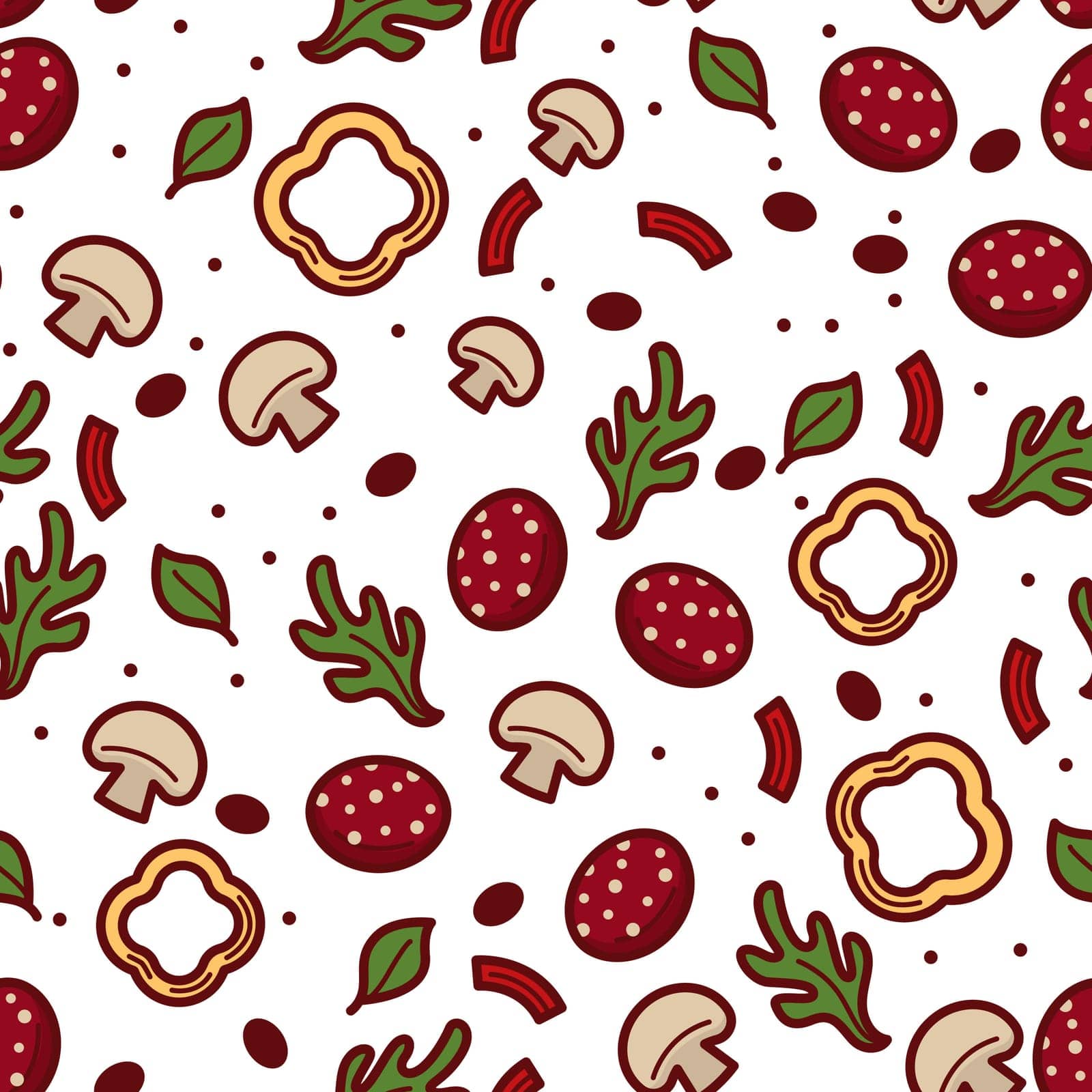 Herbs and spices, basil and leaves with mushroom and sweet paprika or bell pepper. Tasty mix of vegetables and greenery, gastronomy. Seamless pattern, background or print, vector in flat style