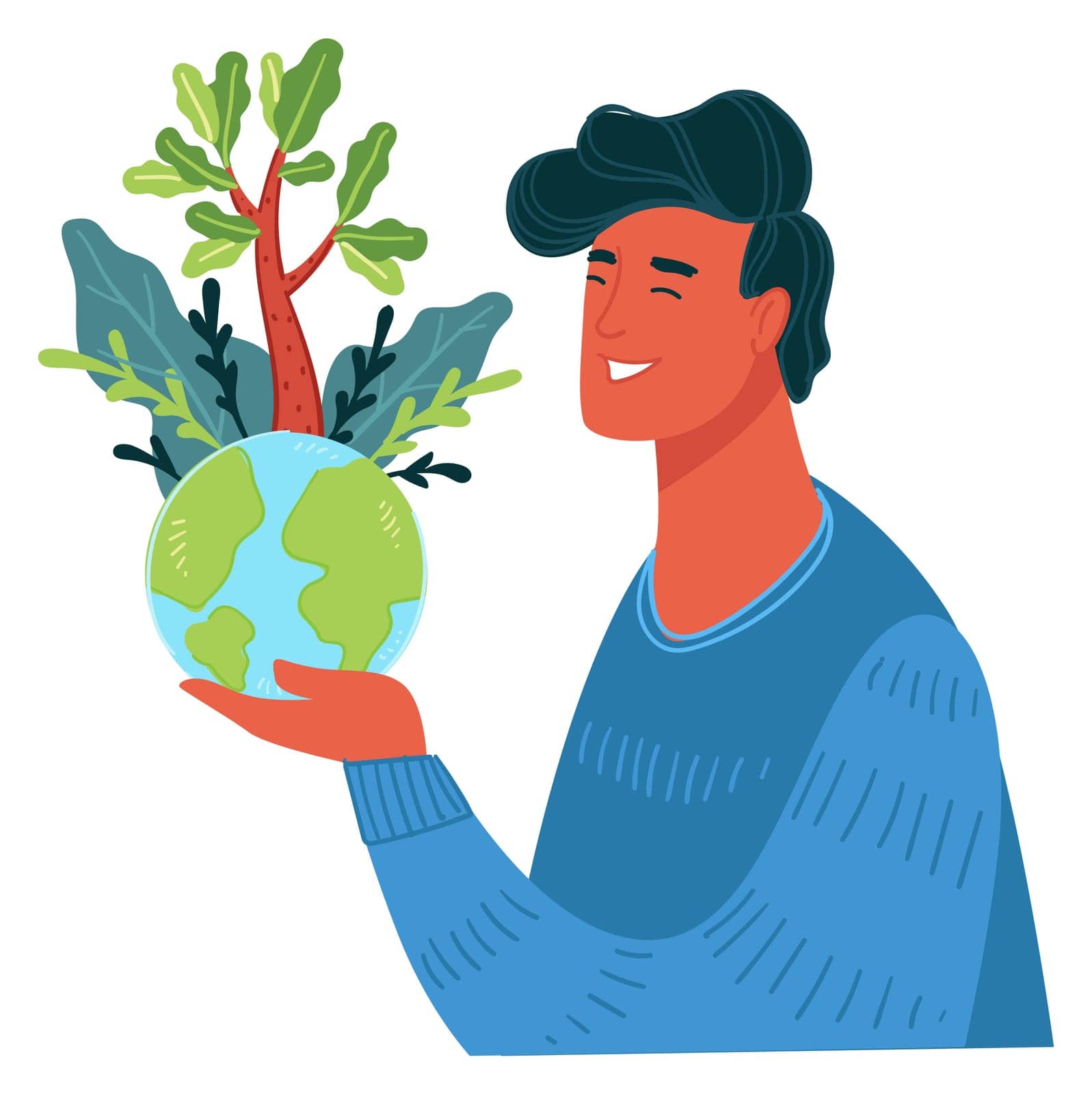 Male character cherishing and caring for planet earth, environmental and ecological problems solving by humanity. Man with globe with forests and trees, botany and foliage. Vector in flat style