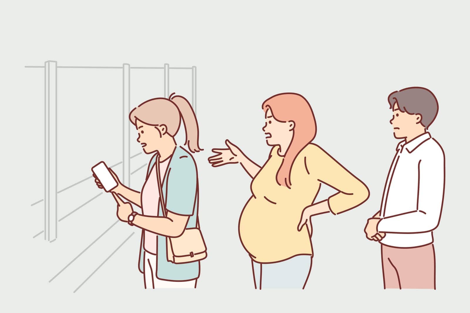 Pregnant woman stands in queues and impatiently shouts to hurry staff of pharmacy or grocery store by Vasilyeu