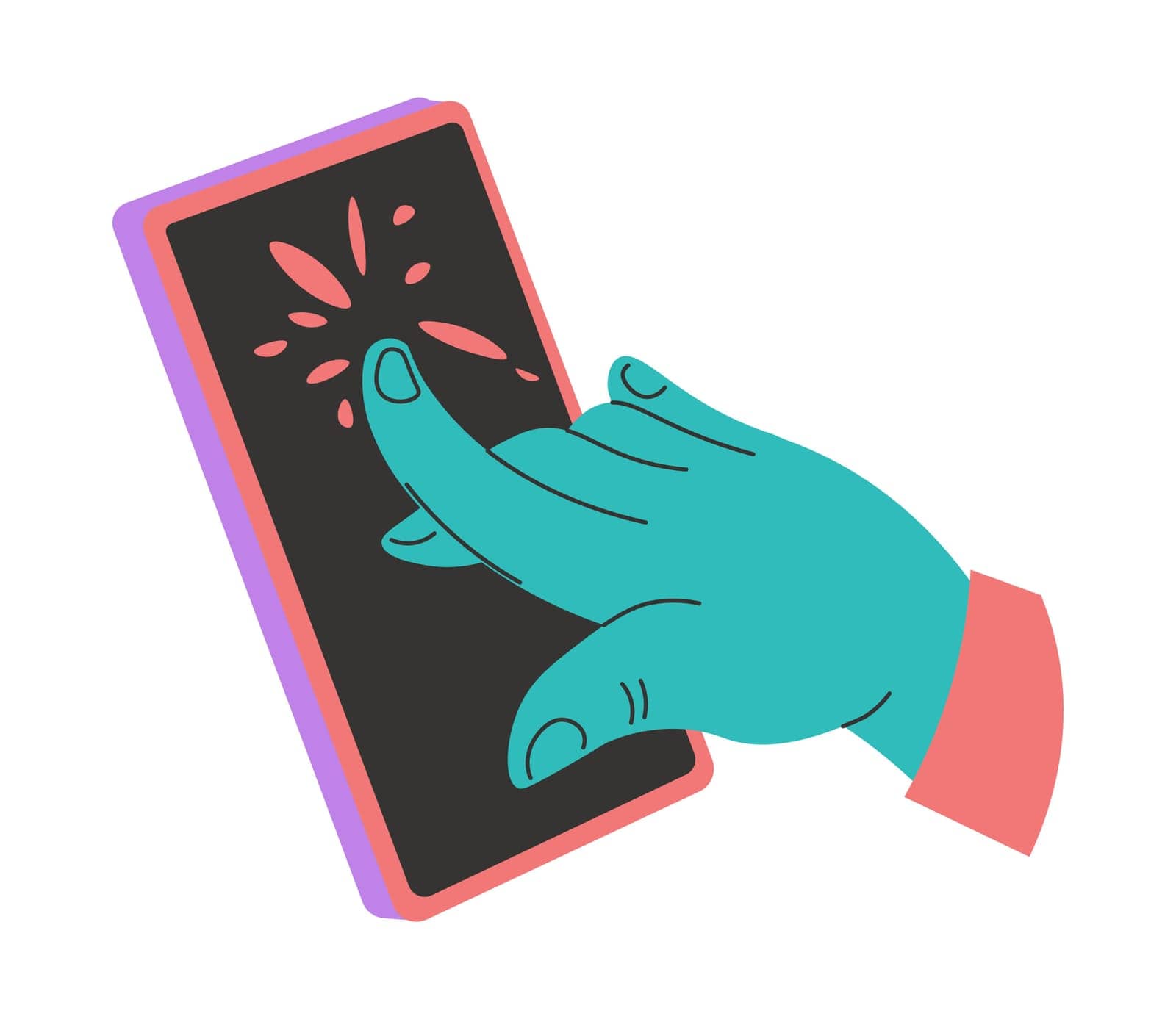 Interaction with gadgets and modern devices, hand touching screen of smartphone or mobile phone. Communication and messaging in internet, cyberspace and virtual reality. Vector in flat style