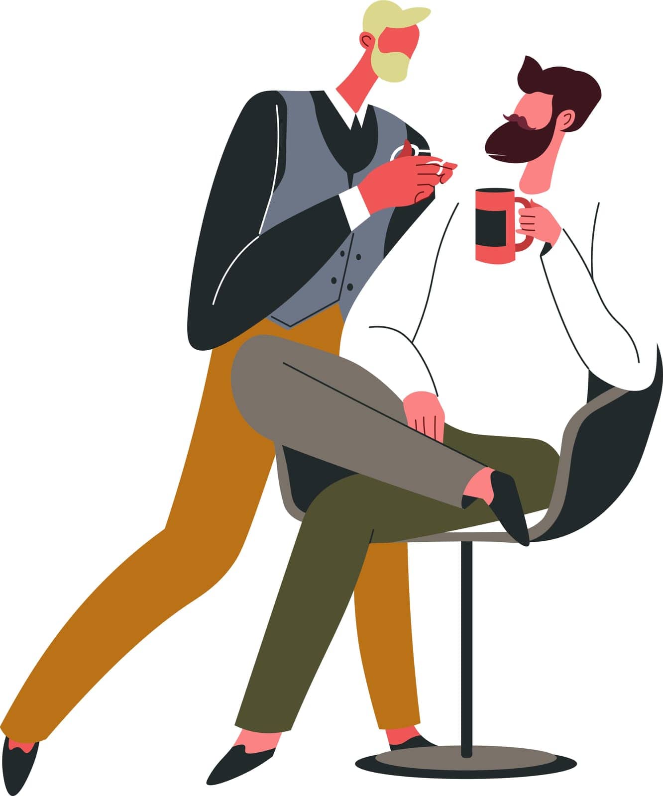 Service at barber shop, isolated male character sitting in chair relaxing and drinking tea or coffee. Professional specialist taking care, luxurious and trendy place to cut hair. Vector in flat style