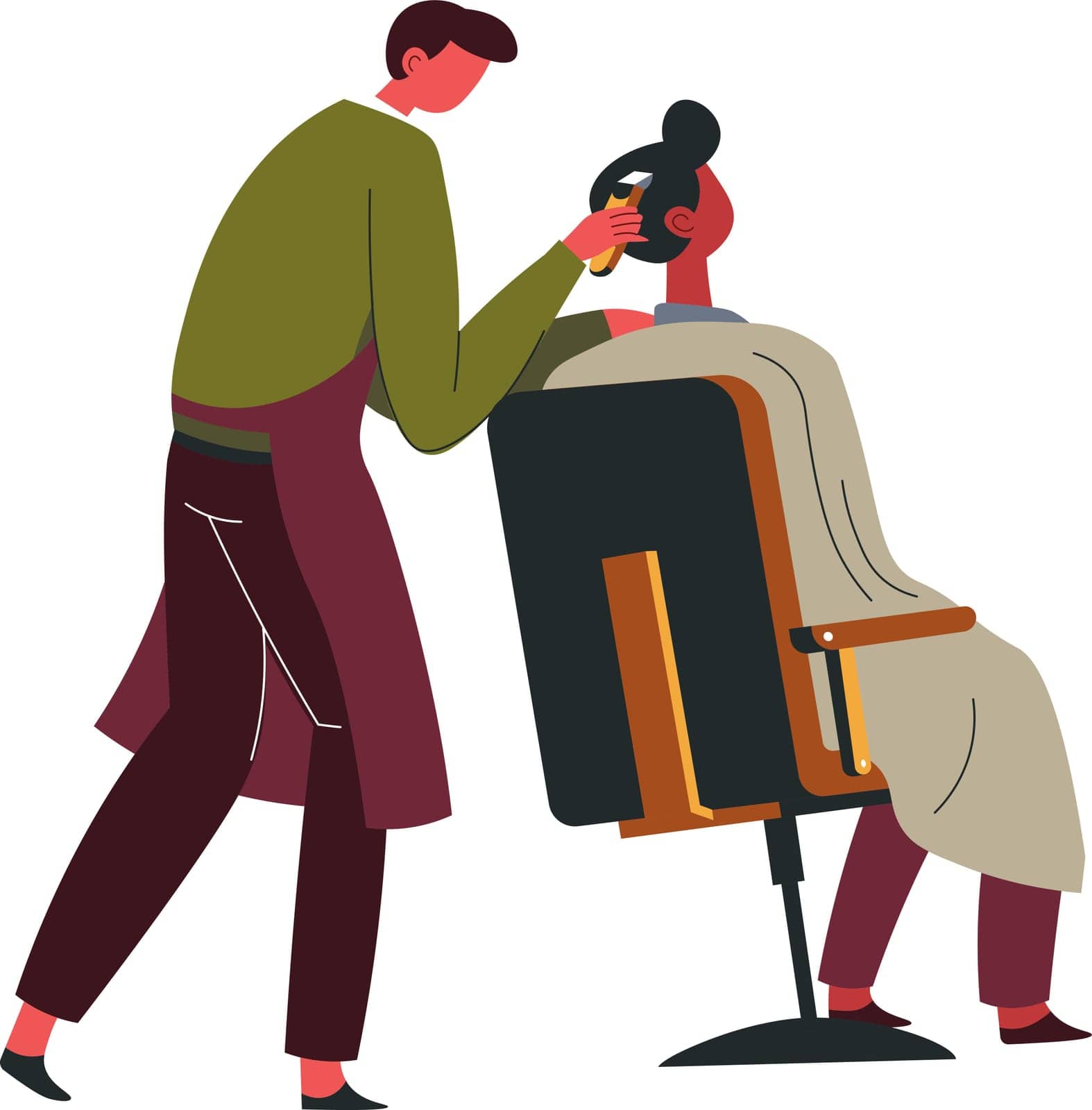 Professional barber cutting hair of client, barbershop service and care. Isolated man sitting in comfortable chair. Grooming and combing customer in a salon. Vector in flat style illustration