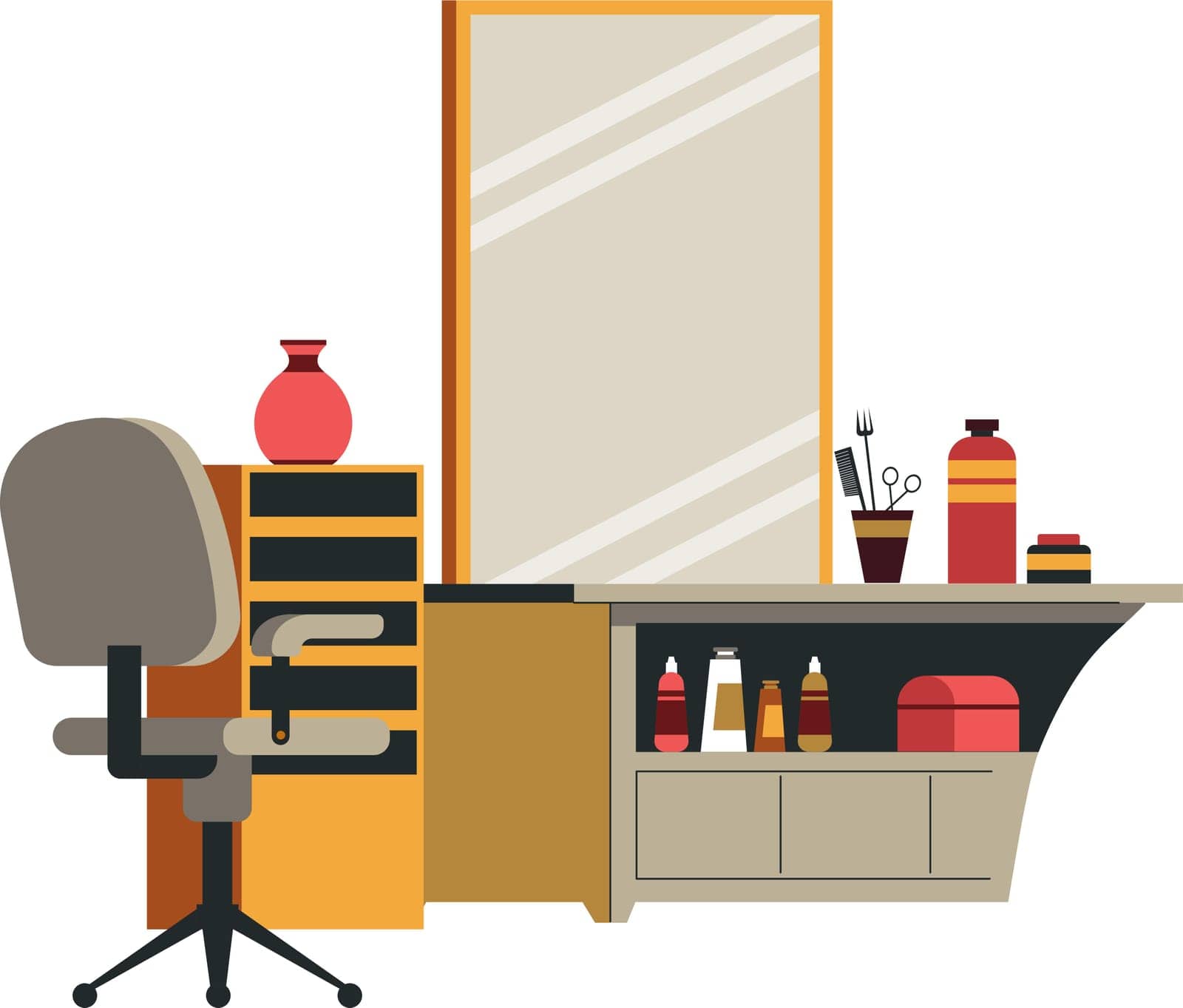 Interior design and furniture for barbershop, isolated workplace of table with drawers, mirror and appliances for work. Cutting hair and trimming beard, modern space for hairdo. Vector in flat style