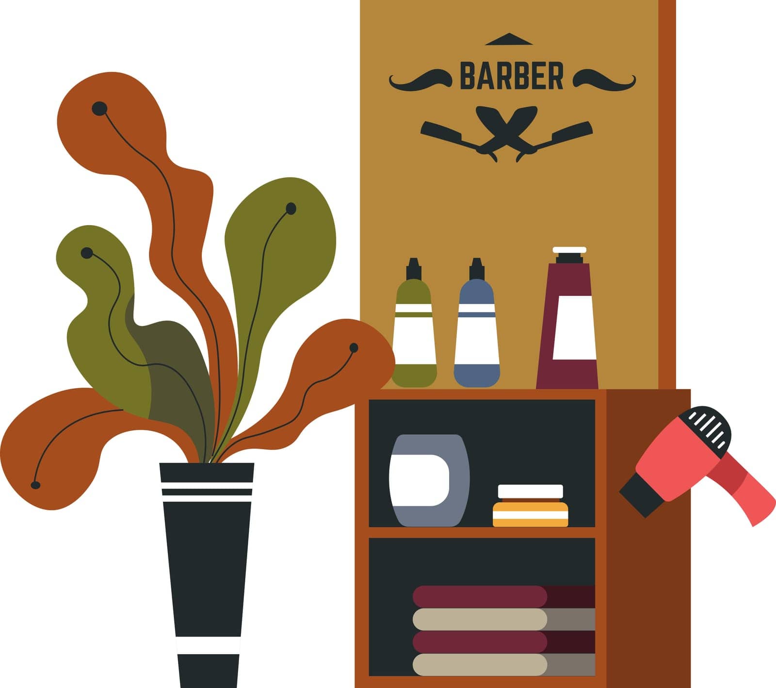 Barbershop interior design, isolated table or drawers with hair dryer and lotions, cosmetics and products. Houseplant decor for space revival, rustic label or sign on wood. Vector in flat style