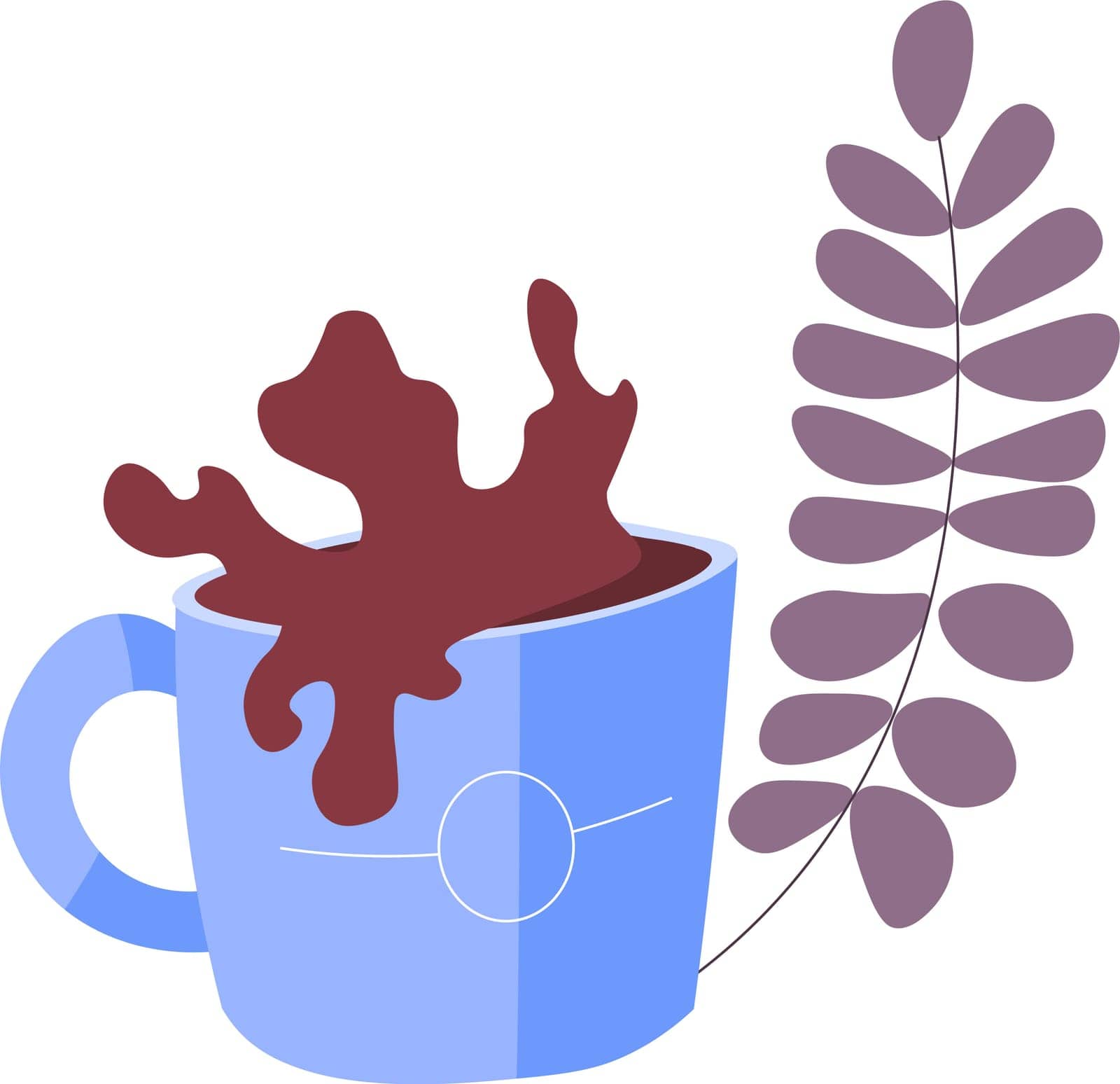 Mug of chocolate or coffee, cappuccino or tea, isolated cup of warm drink or beverage. Flora and blossom, bloom and decorative branch. Promotion and presentation or ads. Vector in flat style