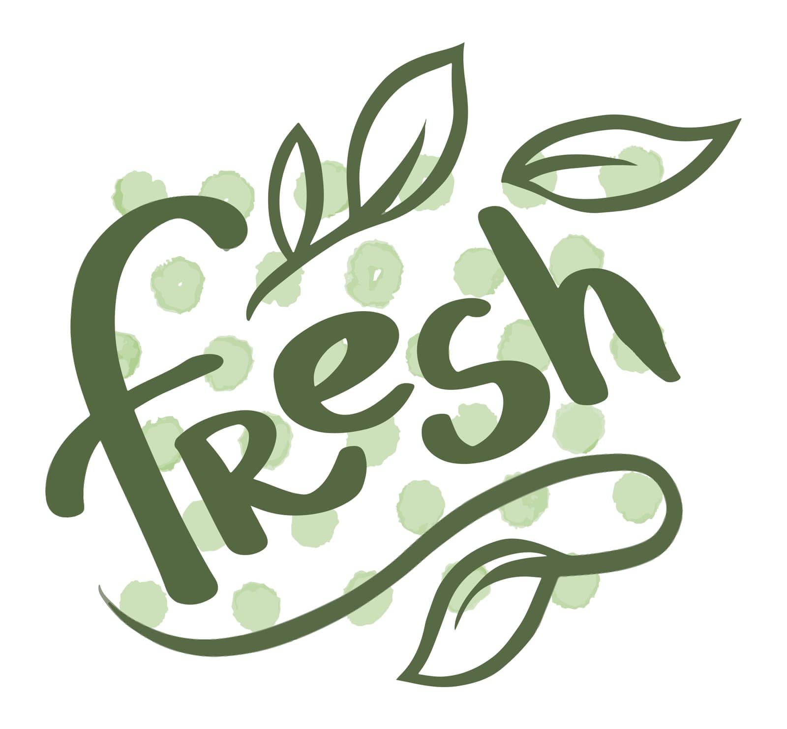 Natural and fresh products, vegan and vegetarian, ecologically friendly and environmentally safe. Sticker with leaves and inscription. Label or banner, emblem or logotype. Vector in flat style