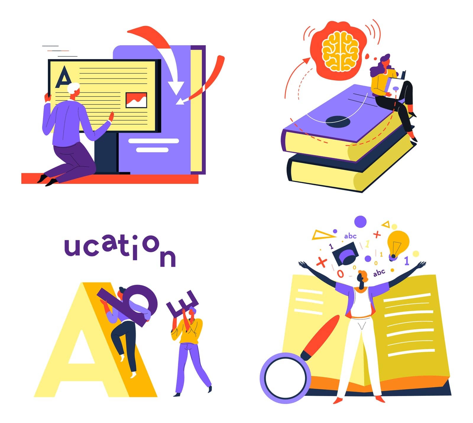 Improvement of skills and development, education and getting knowledge. Using books and publications, online resources and gadgets to complete homework and assignment from school. Vector in flat style