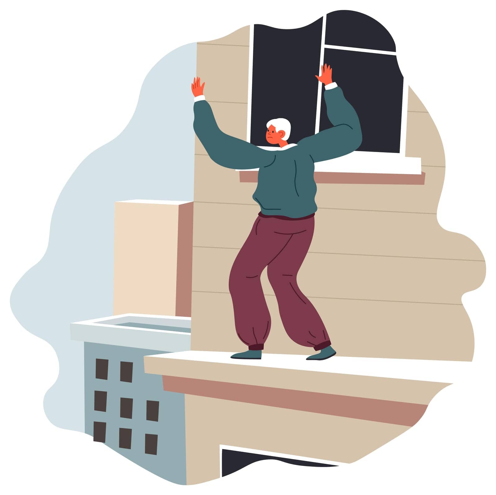 Male character standing on top of building, man afraid of heights. Acrophobia and fear, stress and mental disorder, worried and unable to move. Nervous person. Vector in flat style illustration